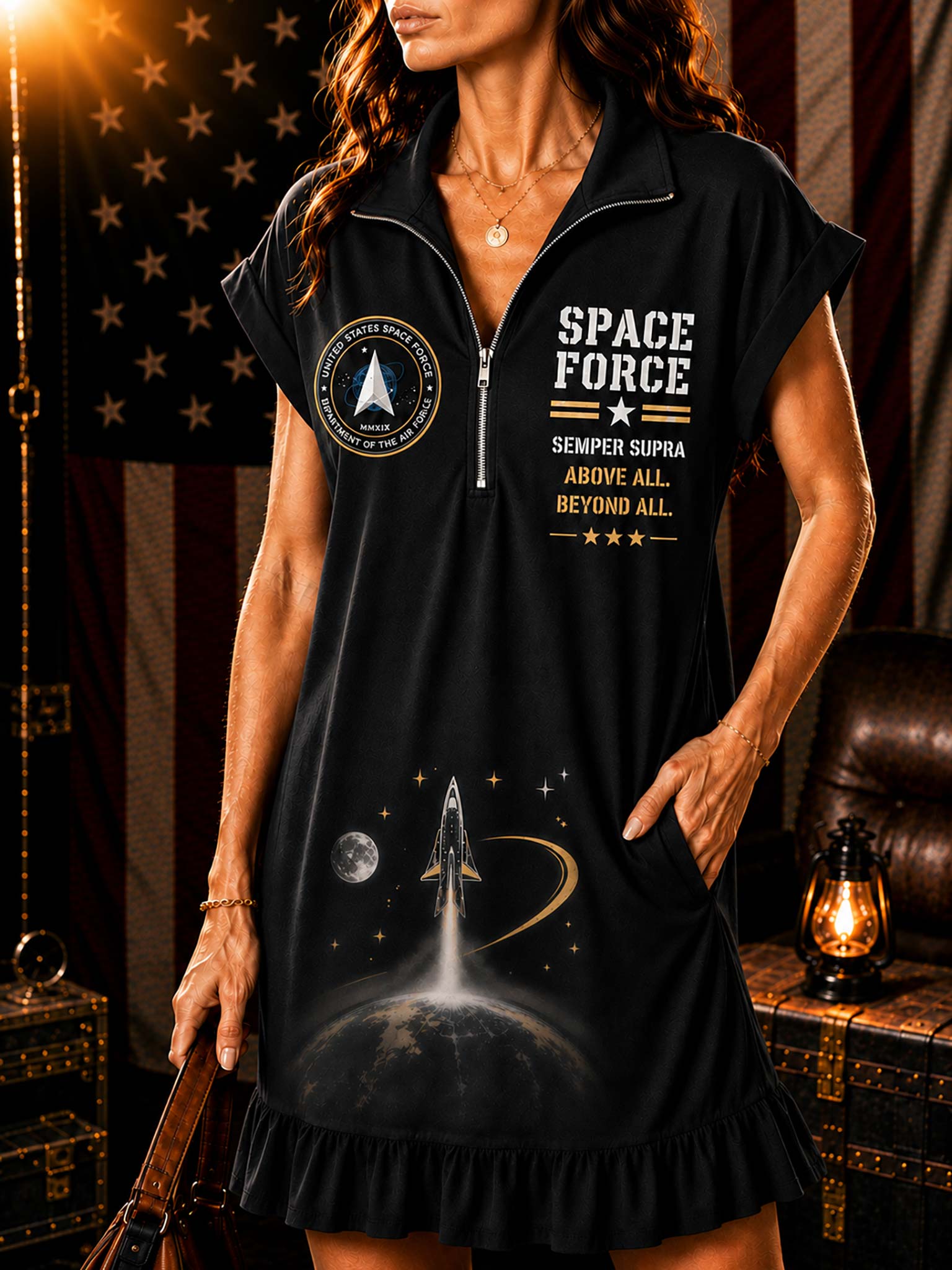A woman wearing a black short-sleeve zip-front dress with a space-themed graphic print, including a rocket, Earth, stars, and the text 'SPACE FORCE' and 'SEMPER SUPRA ABOVE ALL BEYOND ALL.' The photo is styled in a dim interior with an American flag and lantern in the background.