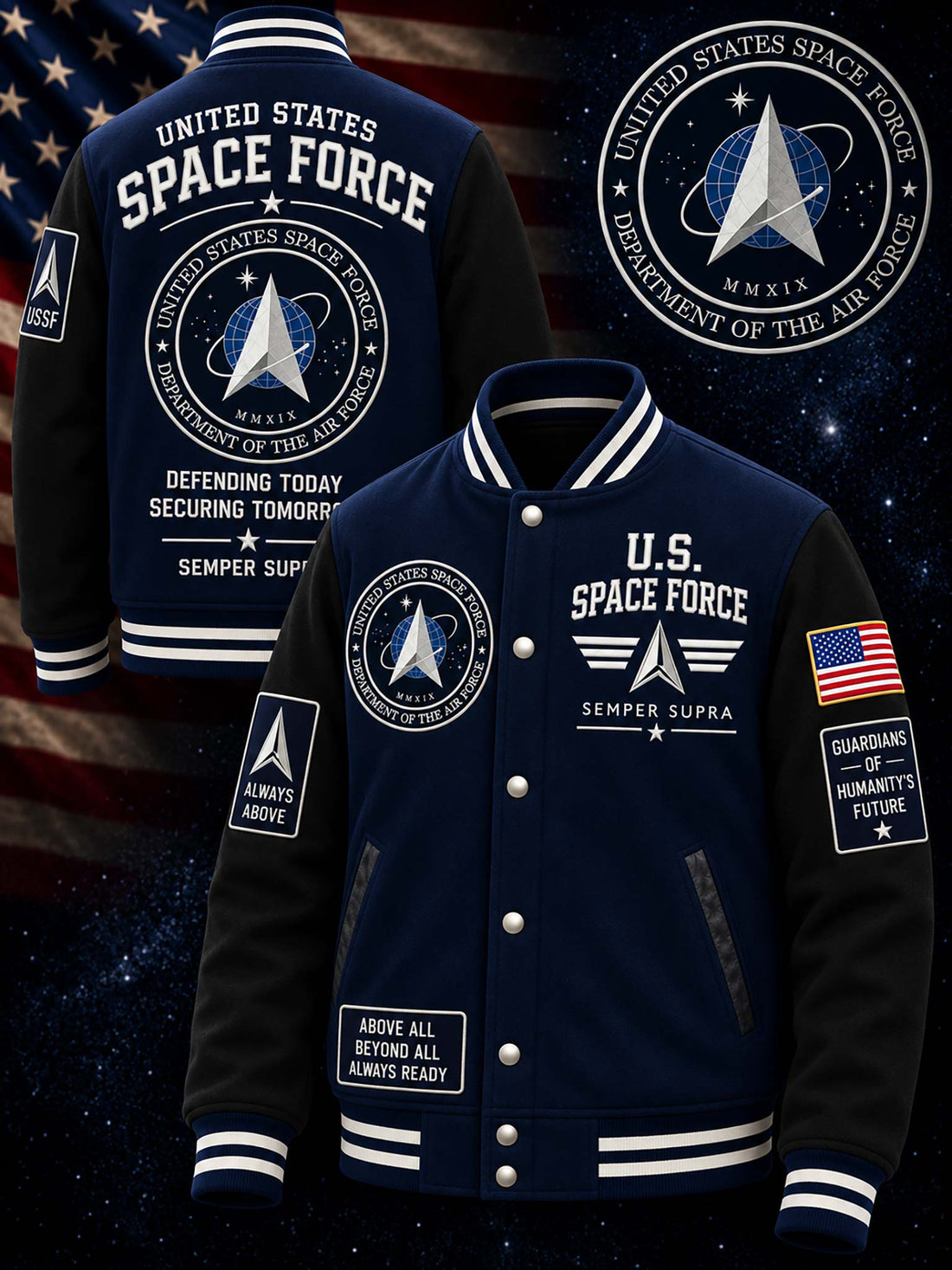 A navy blue varsity-style jacket with white and black details, featuring United States Space Force graphics on the front and back, shown against a starry space background with an American flag and a circular emblem overlay.