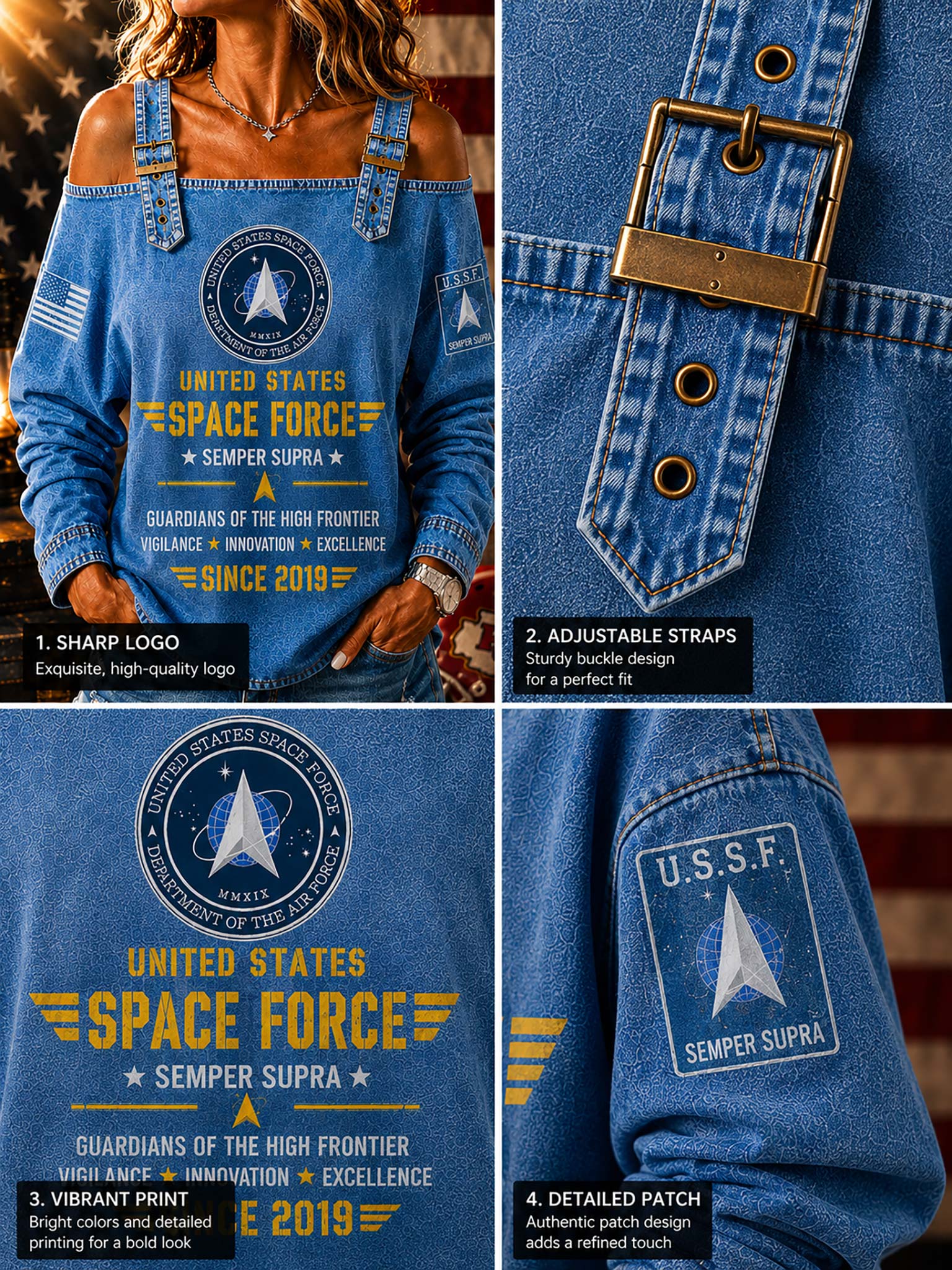 A blue denim-style off-the-shoulder top with a large front graphic reading 'United States Space Force' and 'Semper Supra,' shown in a collage with close-up detail shots of the buckle, straps, and sleeve patch. A person is partially visible wearing the garment, so this is Lifestyle rather than Product/Packaging.