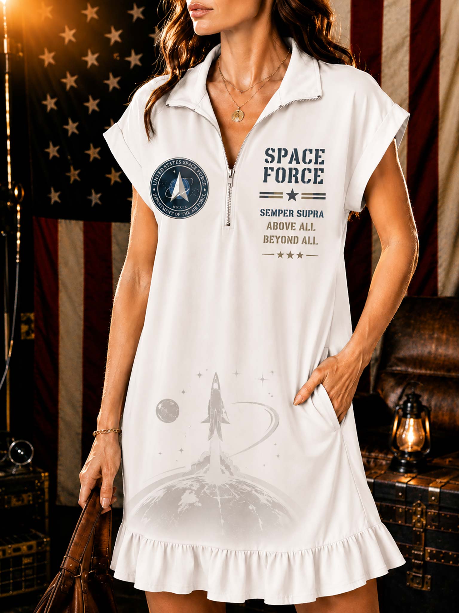 A woman models a white short-sleeve collared dress with a front zipper, featuring 'SPACE FORCE' text, a circular emblem, and a faint rocket graphic on the front, set against a rustic American flag and vintage background.