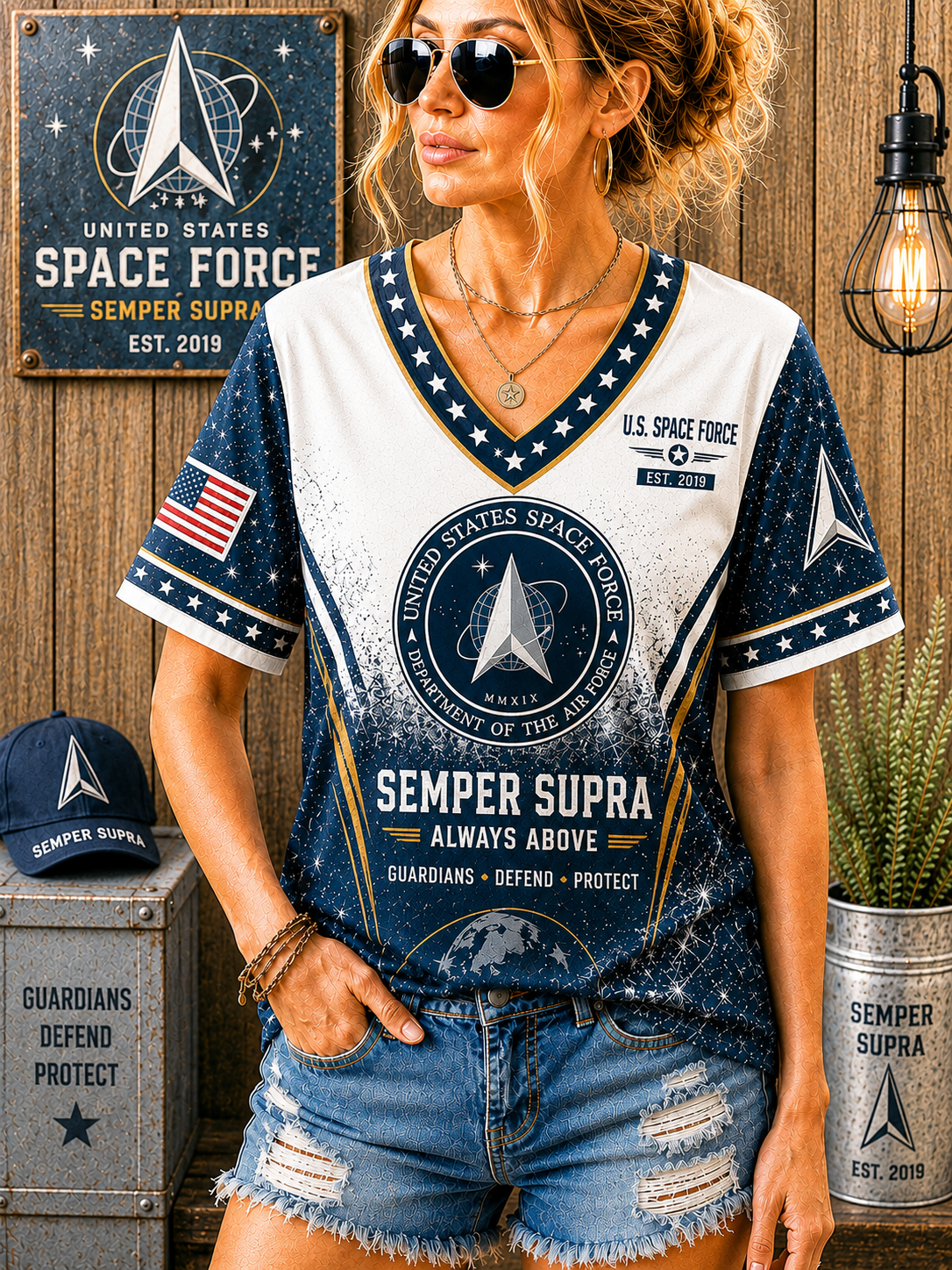 A woman wearing a short-sleeve V-neck graphic T-shirt with United States Space Force-themed print, including 'Semper Supra,' stars, and insignia, styled with denim shorts in a rustic wood-decor setting.