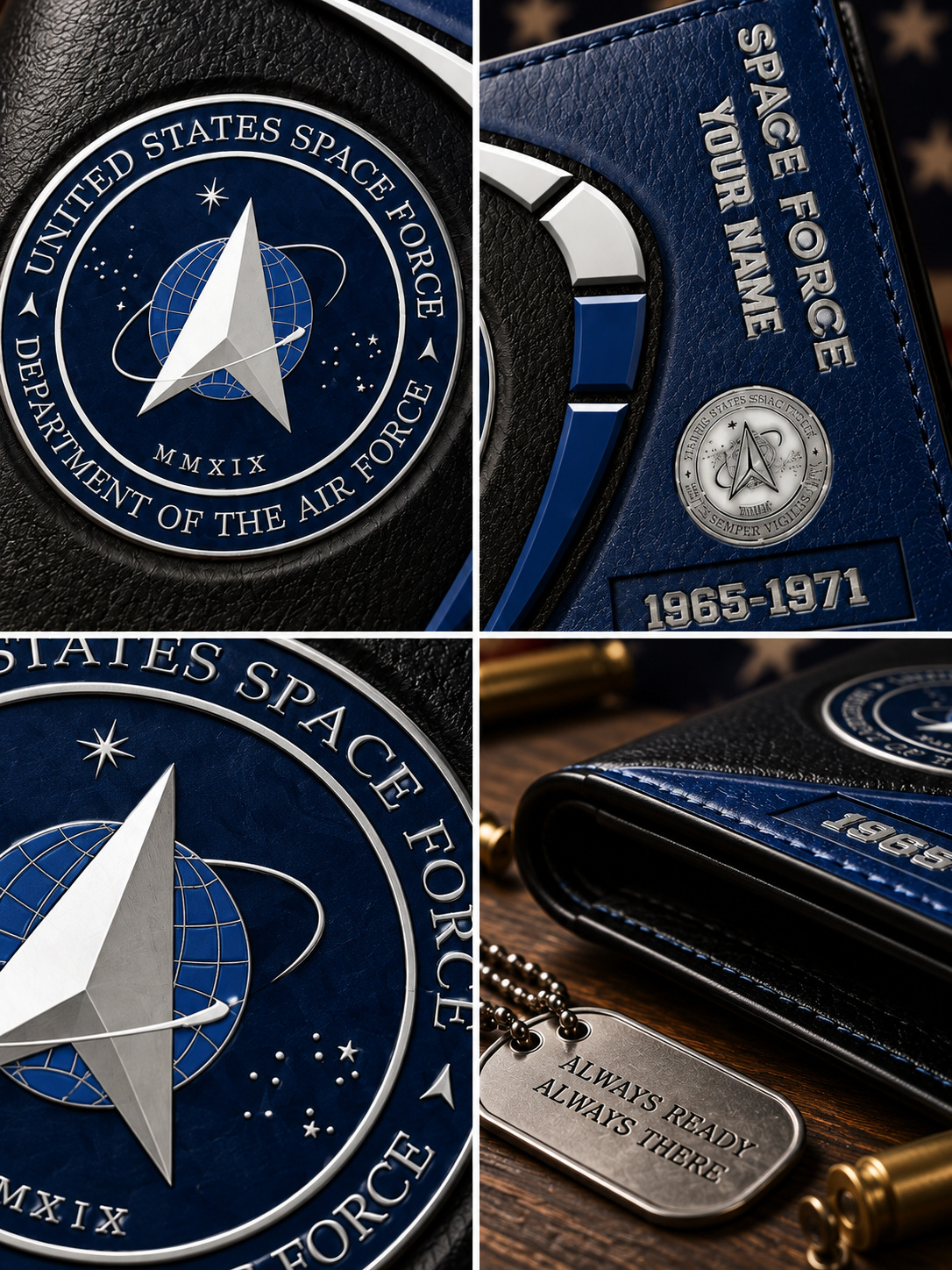A collage showing close-up views of a commemorative United States Space Force wallet or pouch in dark blue and black leather, with embroidered insignia, a silver-toned nameplate, the years 1965-1971, and a metal tag reading 'Always Ready Always There.'.