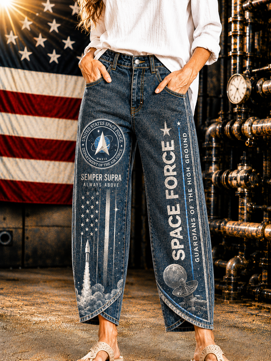 A person wearing high-waisted cropped blue jeans with large white Space Force graphics, standing in front of an American flag and industrial pipe structure. The jeans feature a circular emblem on one leg and vertical 'SPACE FORCE' text with additional space-themed illustrations.