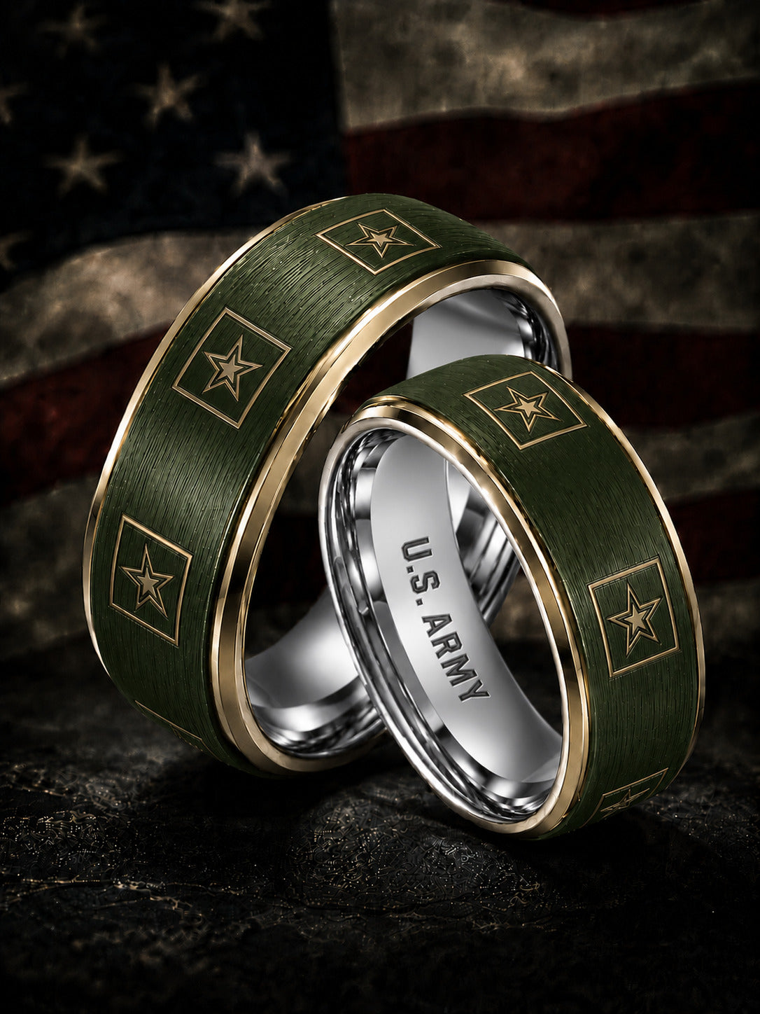 Two interlocking wedding bands with an olive green woodgrain finish and gold-plated borders, featuring the U.S.