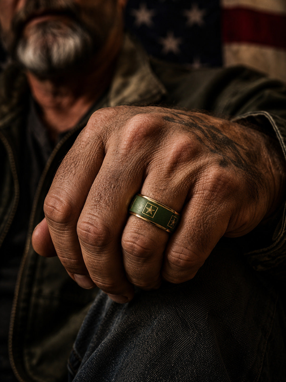 Two interlocking wedding bands with an olive green woodgrain finish and gold-plated borders, featuring the U.S.