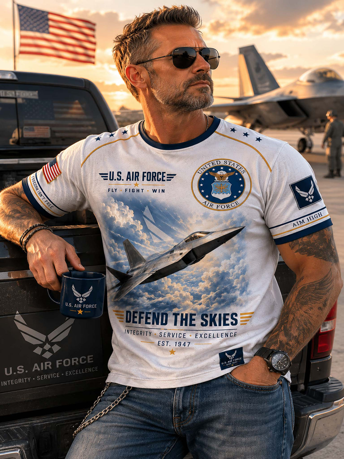 A white short-sleeve t-shirt featuring a detailed graphic print of an F-22 Raptor fighter jet flying through clouds. The design includes 'U.