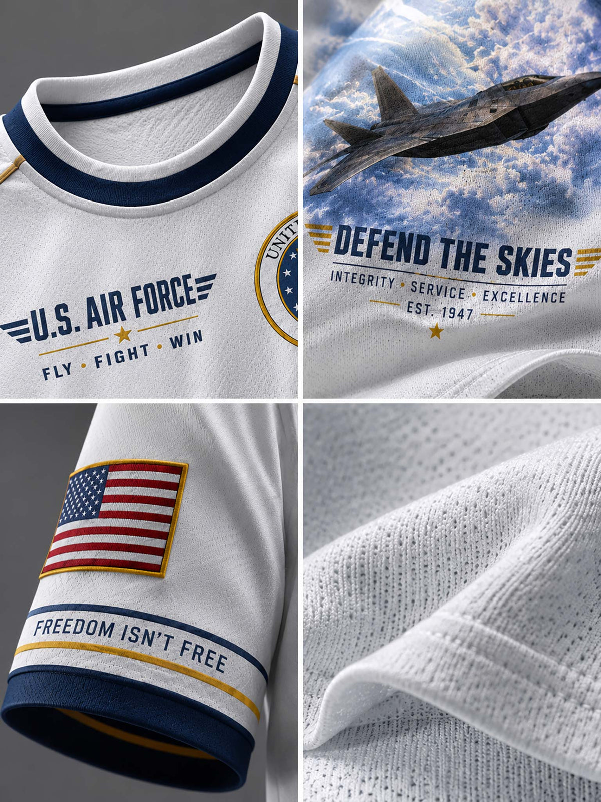 A four-panel close-up collage of a white athletic jersey with navy and gold trim, featuring U.S.