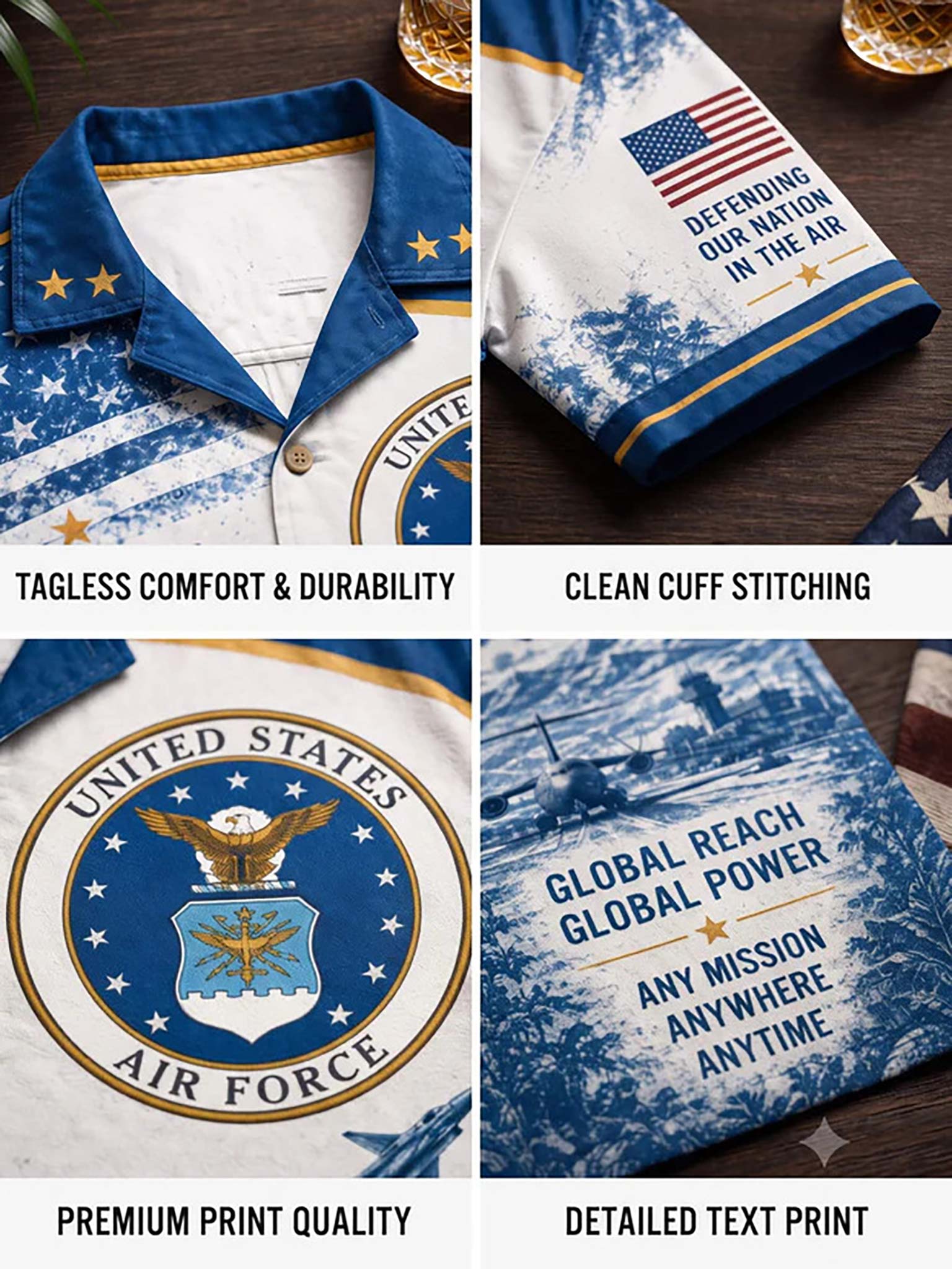 A four-panel collage showing a blue and white United States Air Force themed fabric product, likely a shirt or towel set. The top-left panel shows a blue collar with gold trim and white stars; the top-right shows a folded white section with a blue American flag and the text 'DEFENDING OUR NATION IN THE AIR'; the bottom-left shows a close-up of the United States Air Force seal; the bottom-right shows detailed blue text print on white fabric.