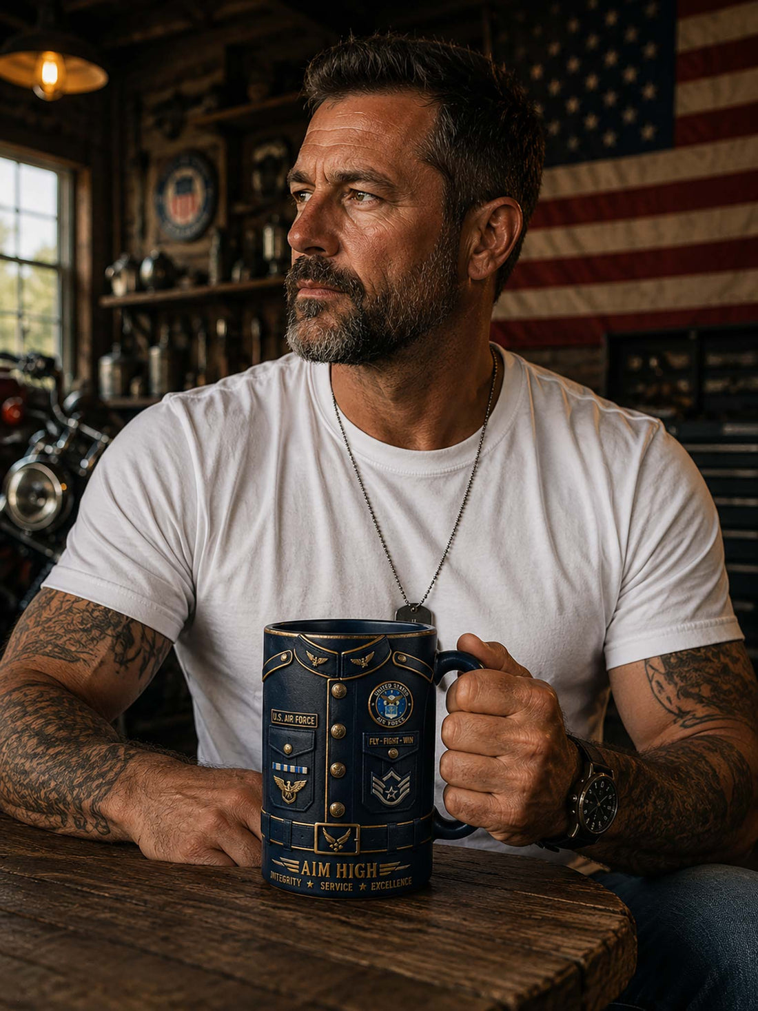 A dark navy blue ceramic mug designed to look like a U.S.