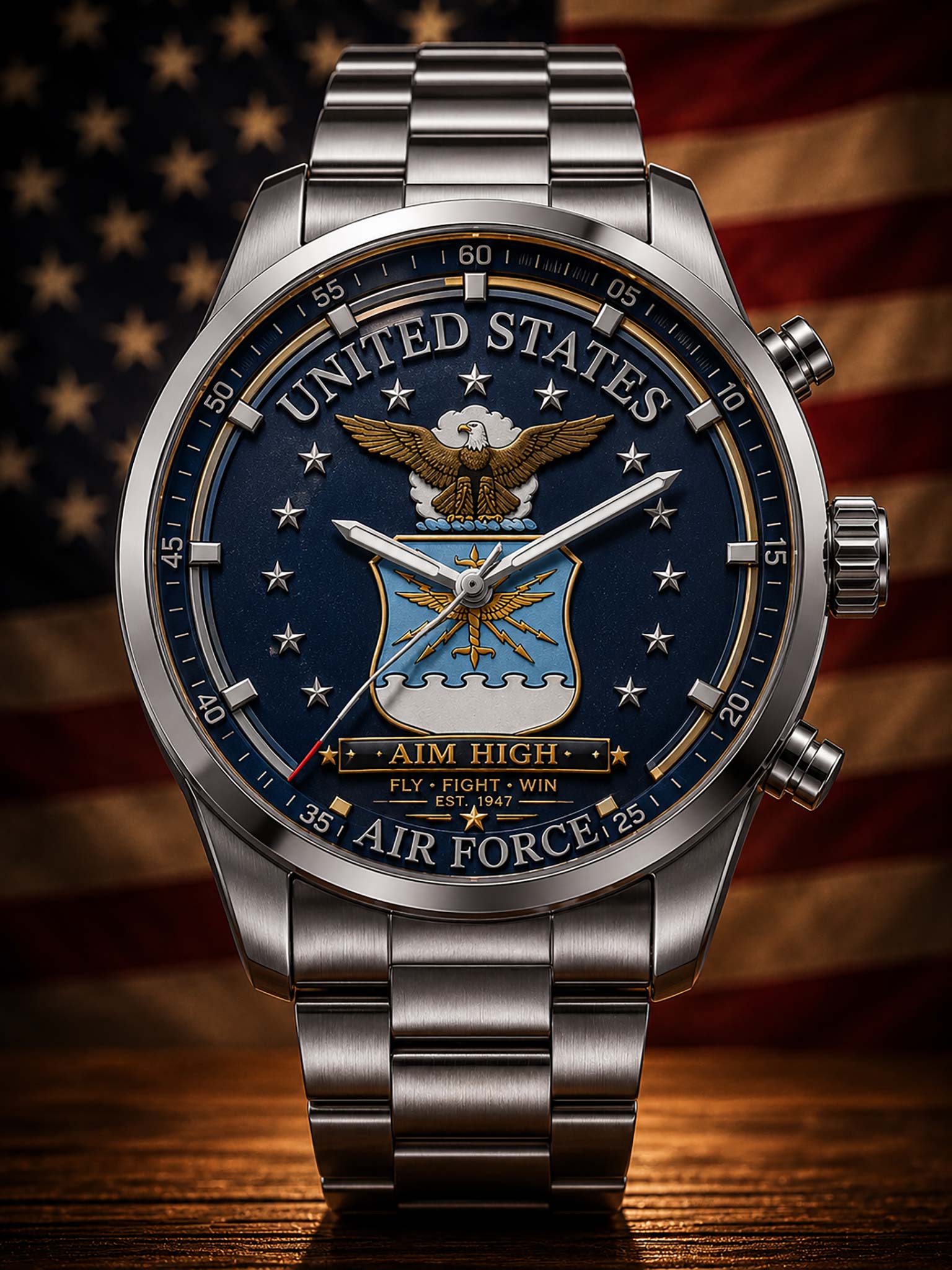 A stainless steel military-style wristwatch with a blue dial featuring the United States Air Force emblem, stars, and the words 'UNITED STATES AIR FORCE' and 'AIM HIGH'. The watch is shown in a close-up studio-style composition with an American flag and wooden surface in the background.