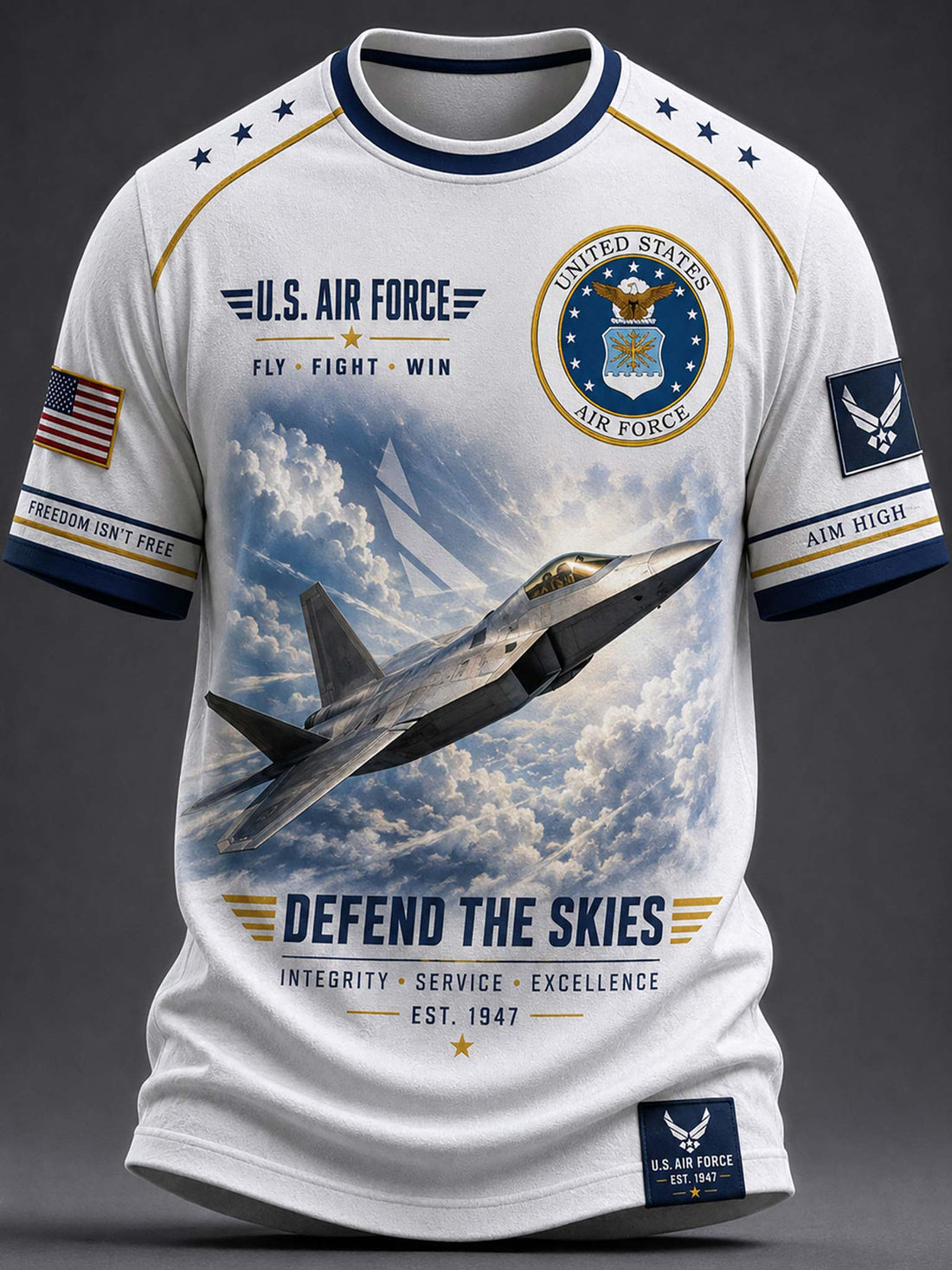 A white short-sleeve t-shirt featuring a detailed graphic print of an F-22 Raptor fighter jet flying through clouds. The design includes 'U.