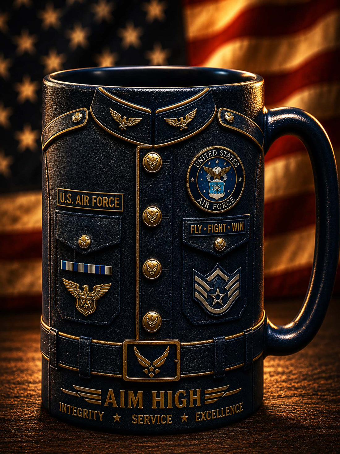 A dark navy blue ceramic mug designed to look like a U.S.
