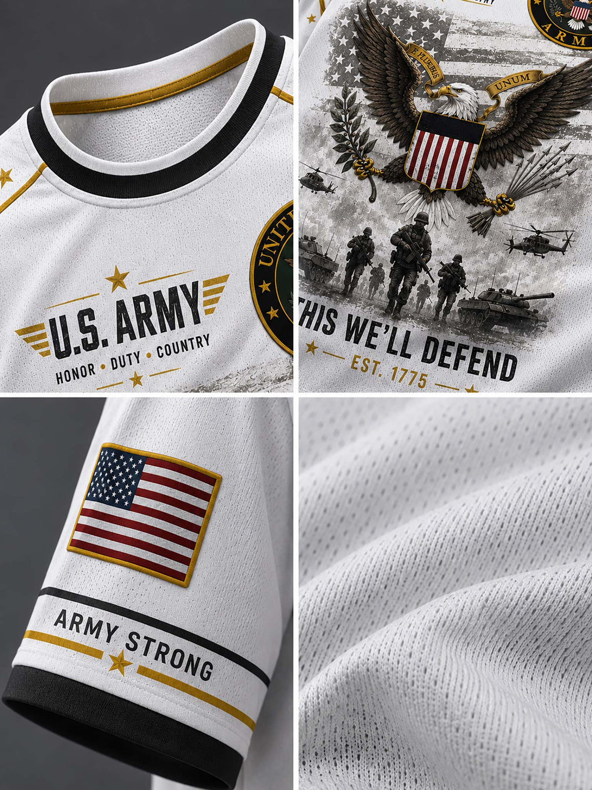 A four-panel product collage showing a white athletic-style shirt with black and gold trim, a large eagle-and-flag graphic with the text 'THIS WE'LL DEFEND' and 'EST. 1775', an American flag patch on the sleeve, and a close-up of the breathable fabric texture.