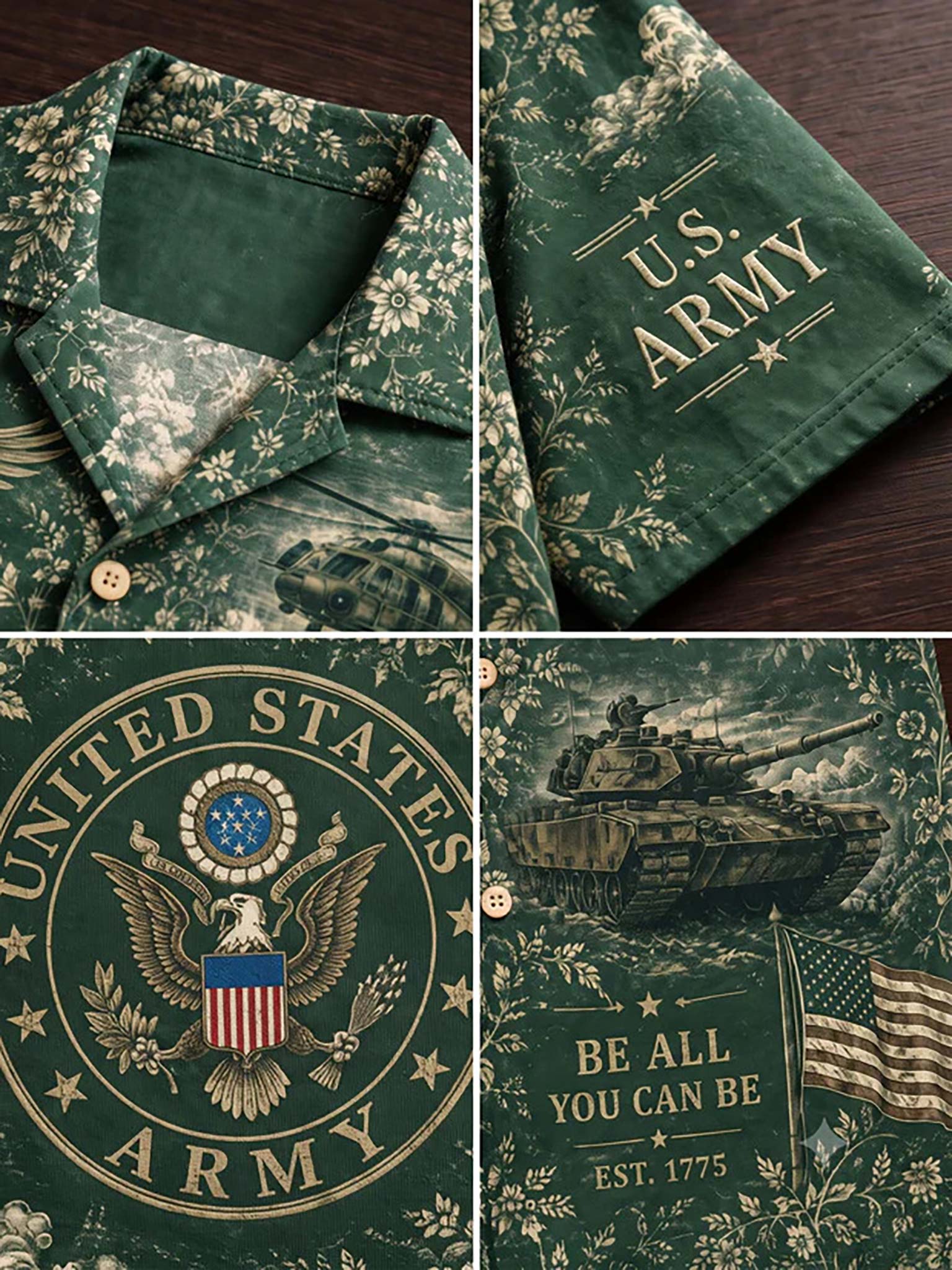 A four-panel close-up collage of a dark green U.S.