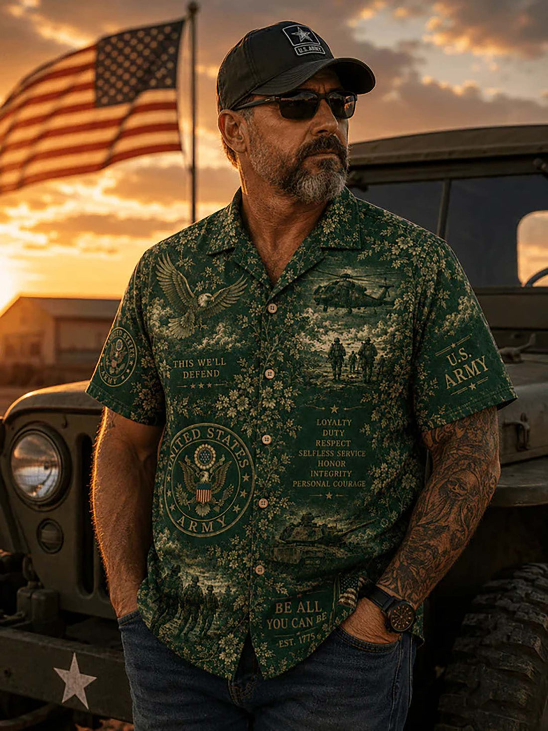 A short-sleeve button-up camp shirt in dark green with a vintage U.S. Army 