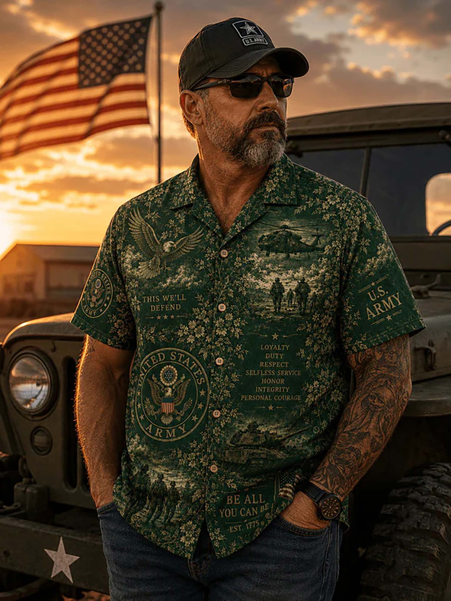 A man wearing a dark green U.S.