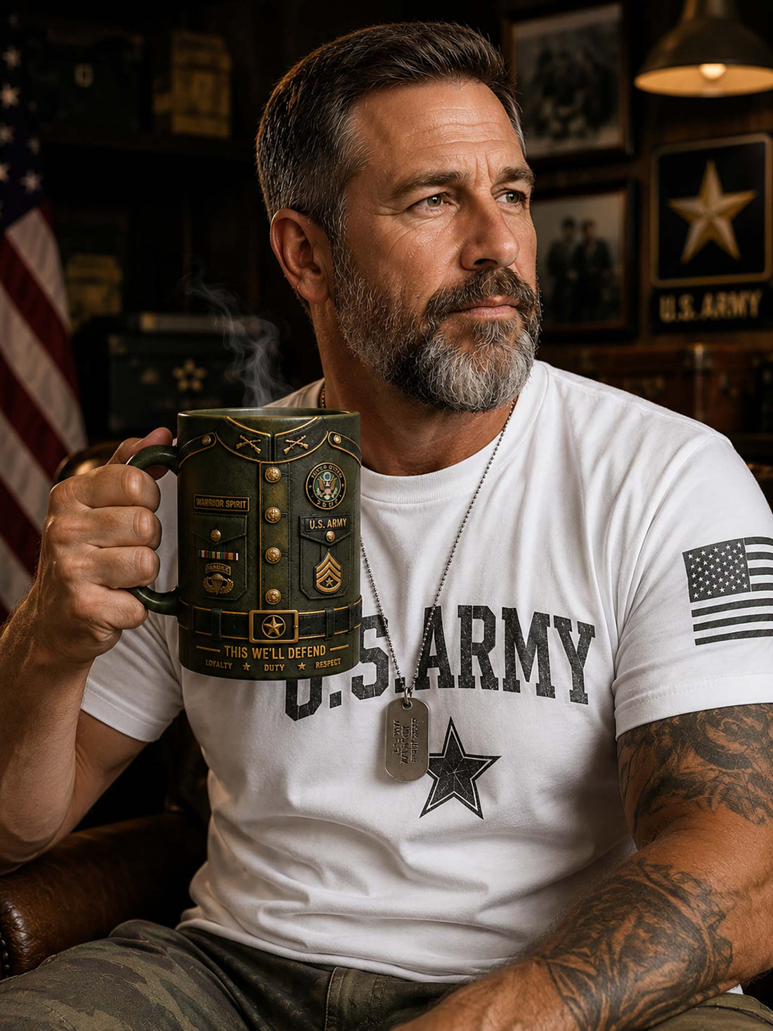 A dark olive green ceramic mug designed to look like a U.S.