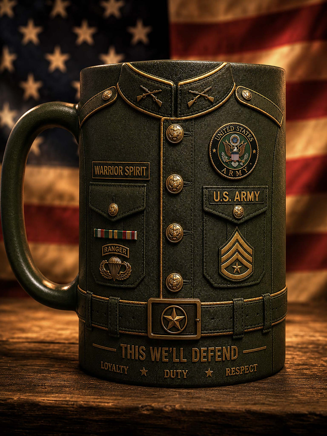 A dark olive green ceramic mug designed to look like a U.S.