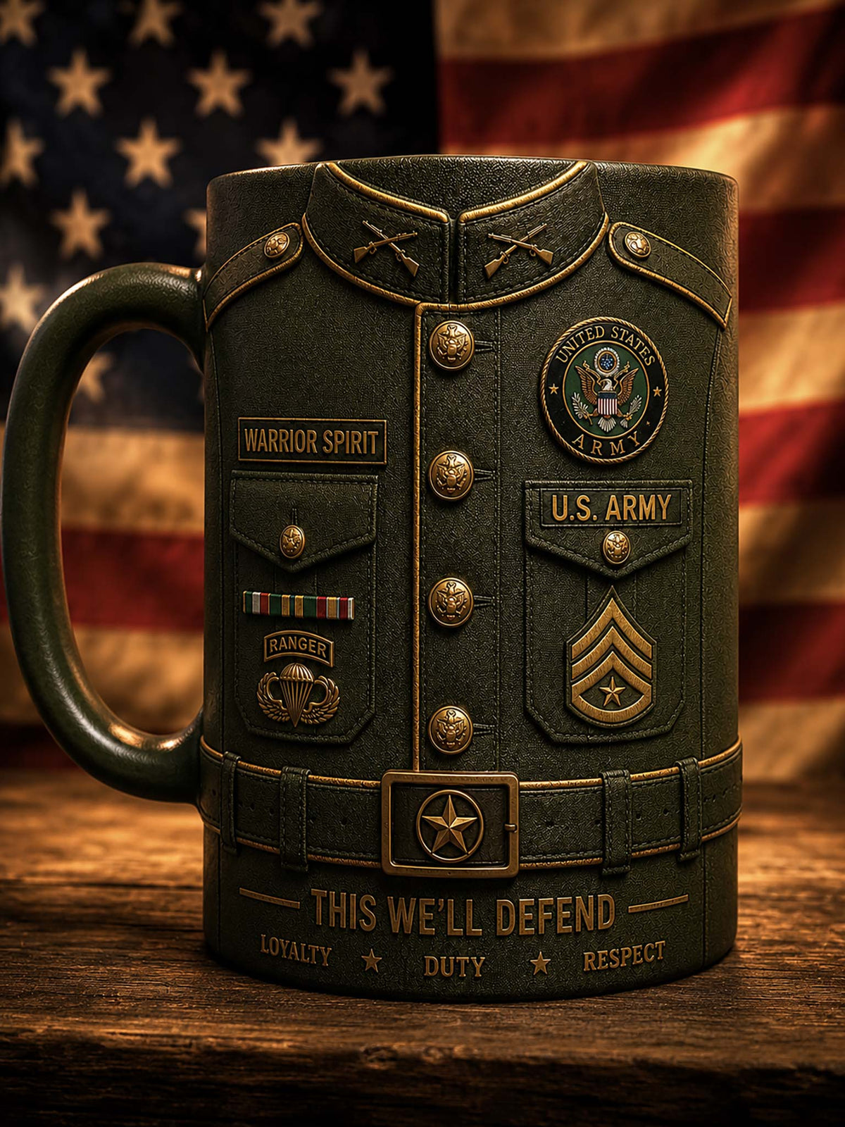 A dark olive green ceramic mug designed to look like a U.S.