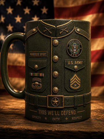 A dark olive green ceramic mug designed to look like a U.S.