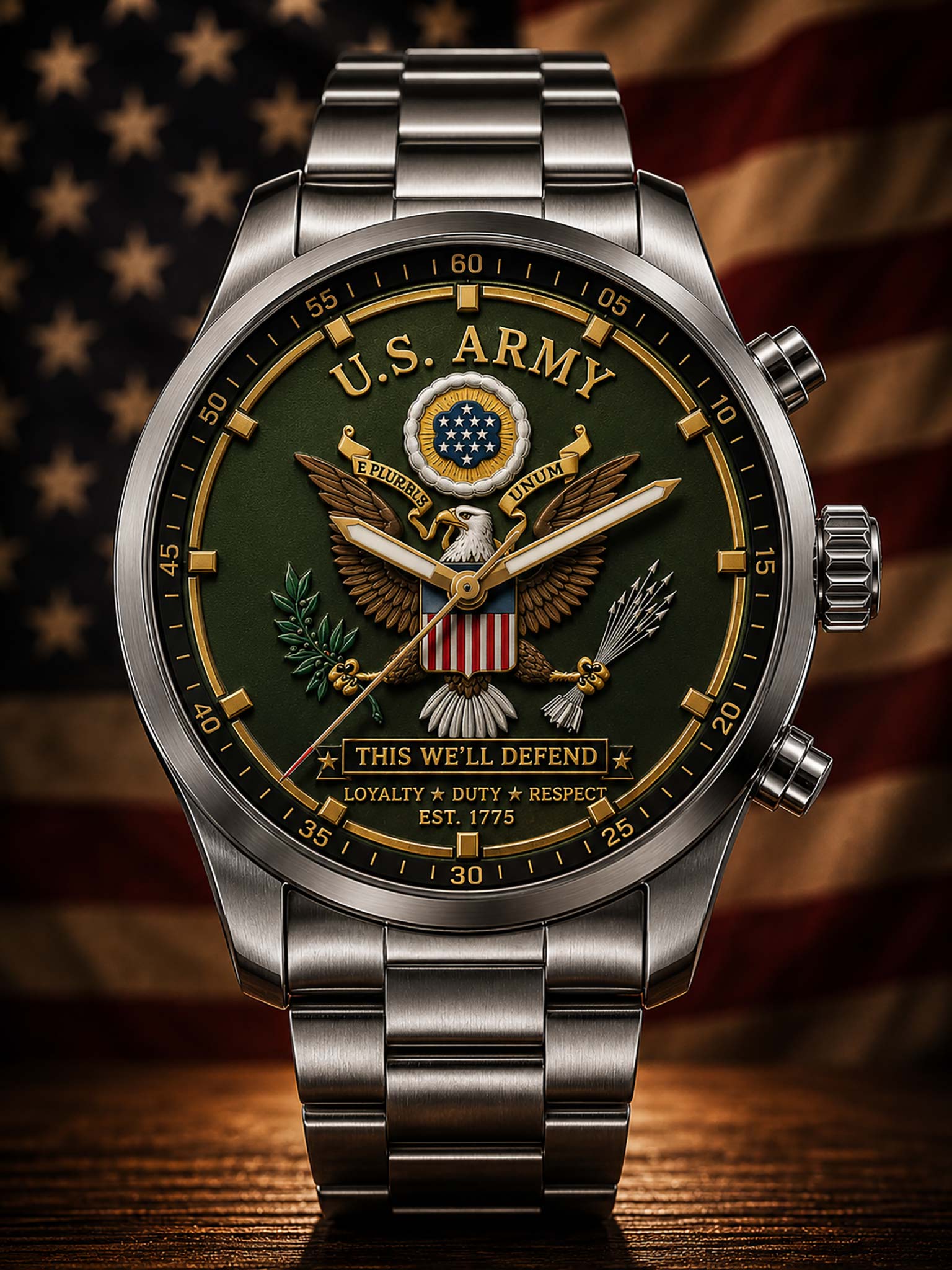 A stainless steel military-style wristwatch with a green dial featuring a detailed U.S.