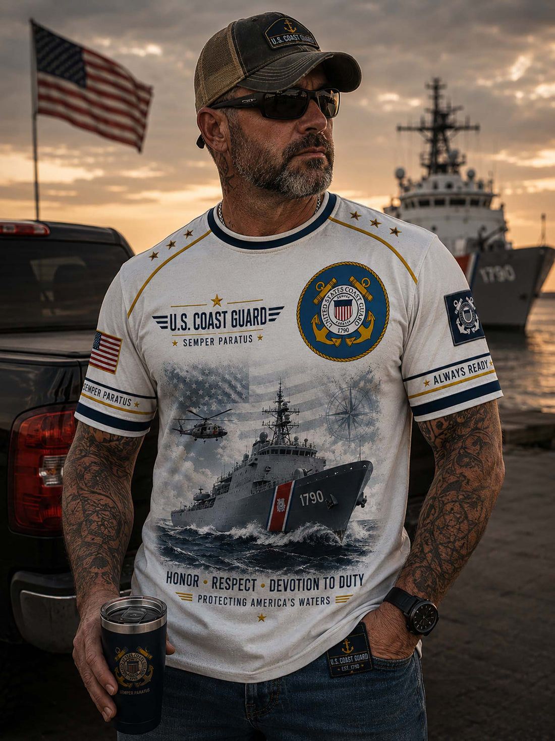 A white short-sleeve t-shirt featuring a detailed U.S.