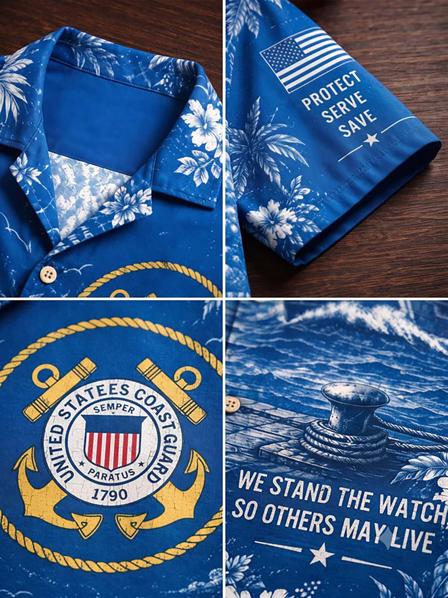 A blue Hawaiian-style short-sleeve button-up shirt shown in a four-panel collage, featuring a white floral print, a white American flag with the words 'PROTECT SERVE SAVE', a yellow United States Coast Guard emblem, and a blue ocean scene with a ship and the text 'WE STAND THE WATCH SO OTHERS MAY LIVE'.