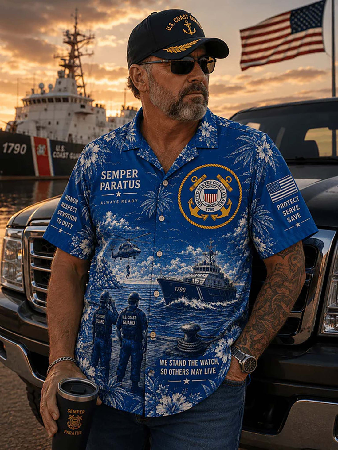 A blue short-sleeve button-up Hawaiian-style shirt with a white tropical floral print and U.S.
