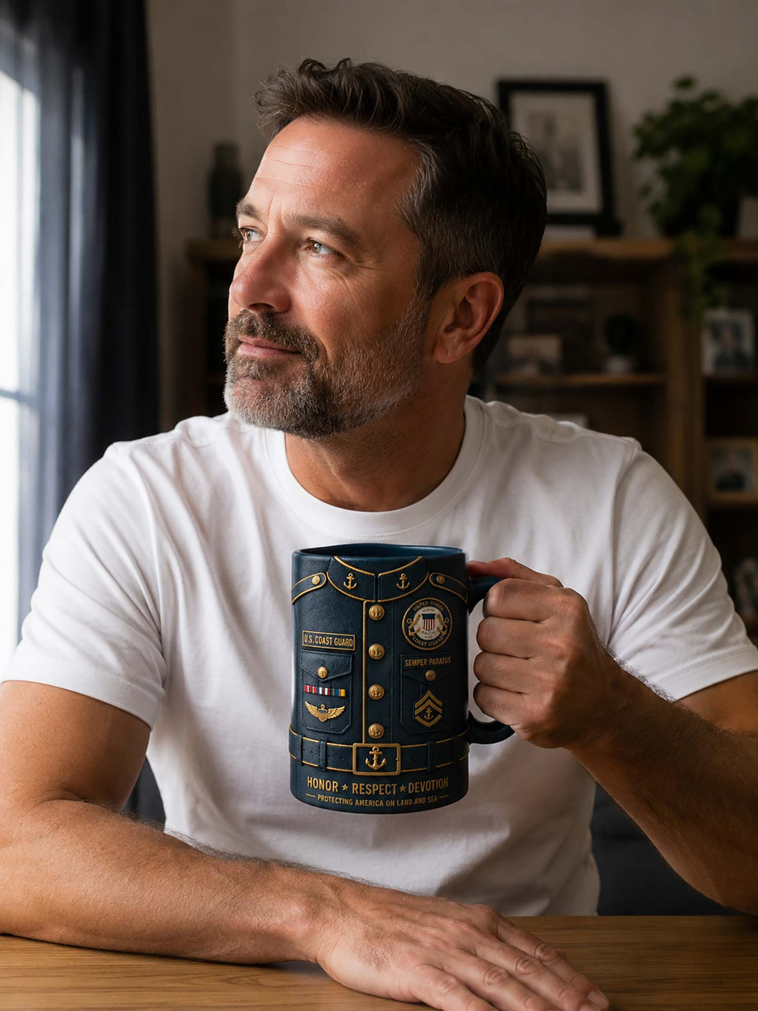 A dark navy blue ceramic mug designed to look like a U.S.