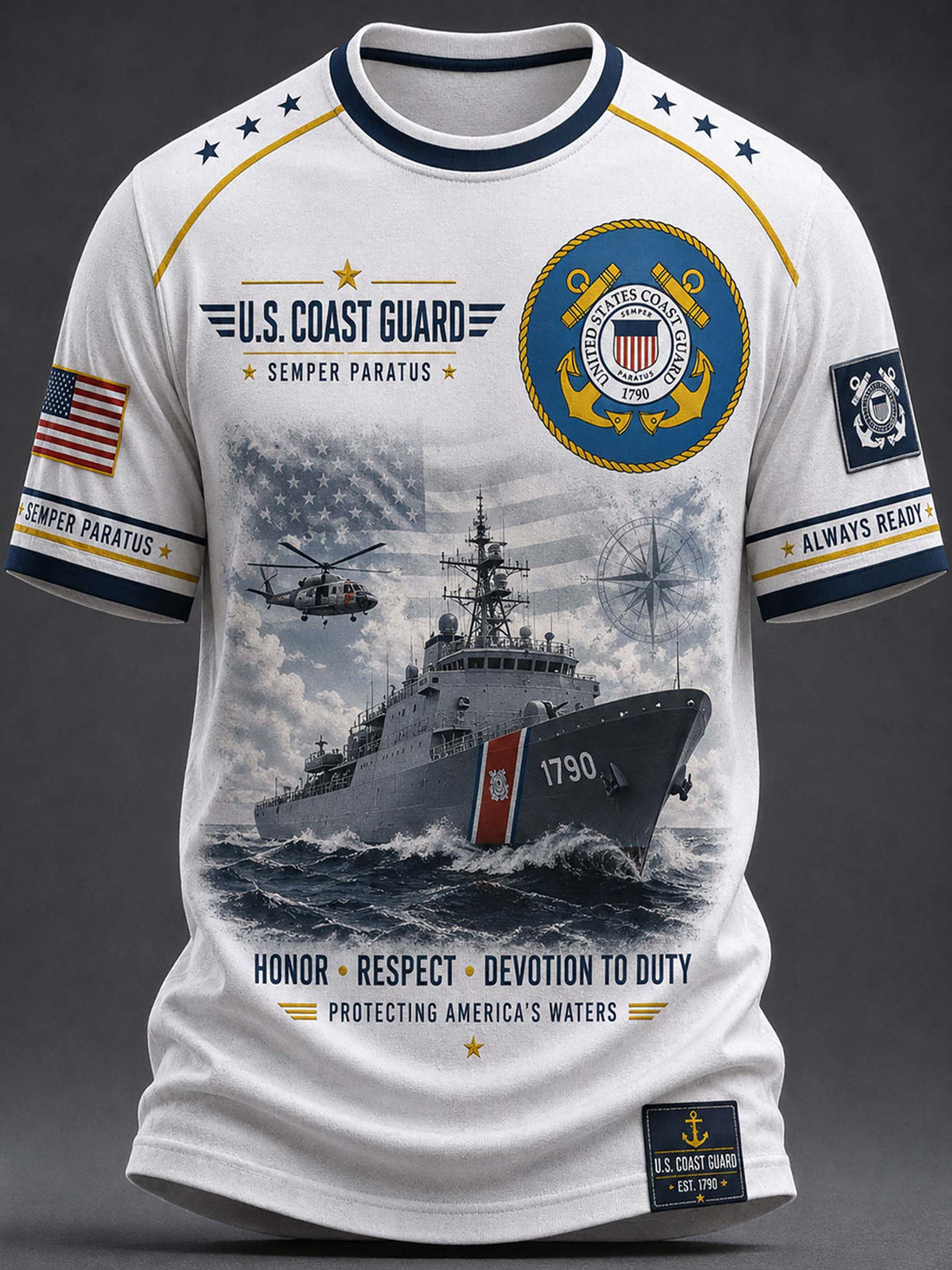 A white short-sleeve t-shirt featuring a detailed U.S.
