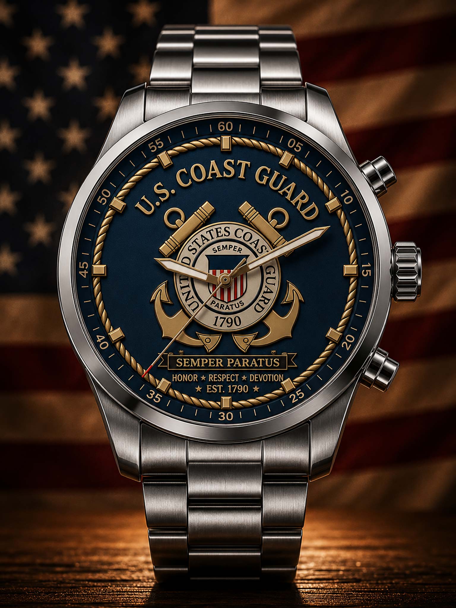 A stainless steel wristwatch with a dark blue dial featuring a gold U.S.