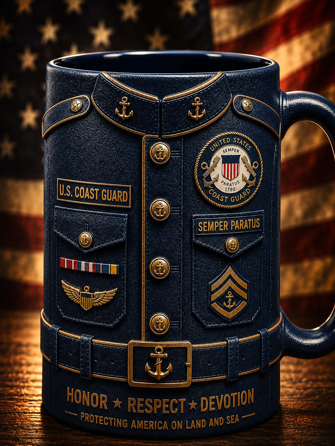 A dark navy blue ceramic mug designed to look like a U.S.