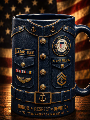 A dark navy blue ceramic mug designed to look like a U.S.