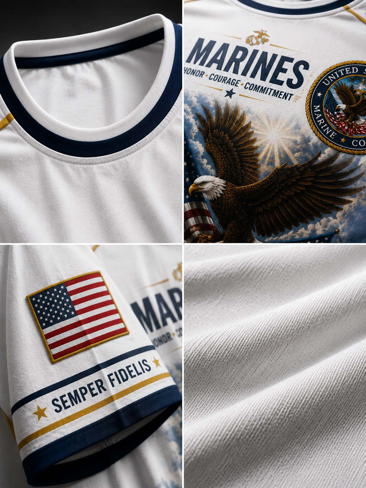 Close-up collage of a white United States Marines athletic jersey showing the navy and gold collar, a printed eagle and Marine Corps emblem on the chest, a U.S.