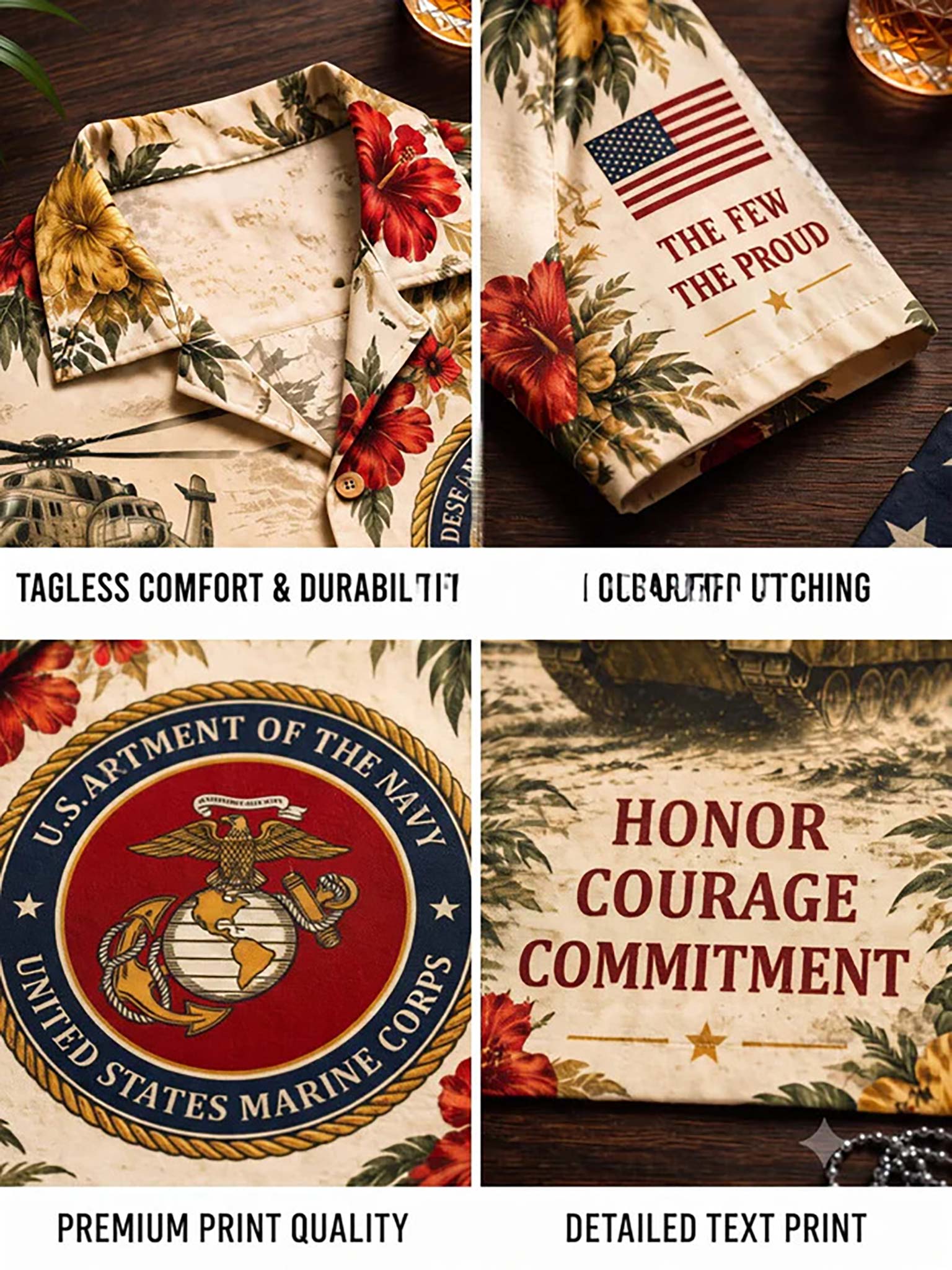 A four-panel collage showing a tropical military-themed camp shirt and matching towel. The top-left panel shows the shirt collar and floral print on a dark wood background with the text 'TAGLESS COMFORT & DURABILITY'.