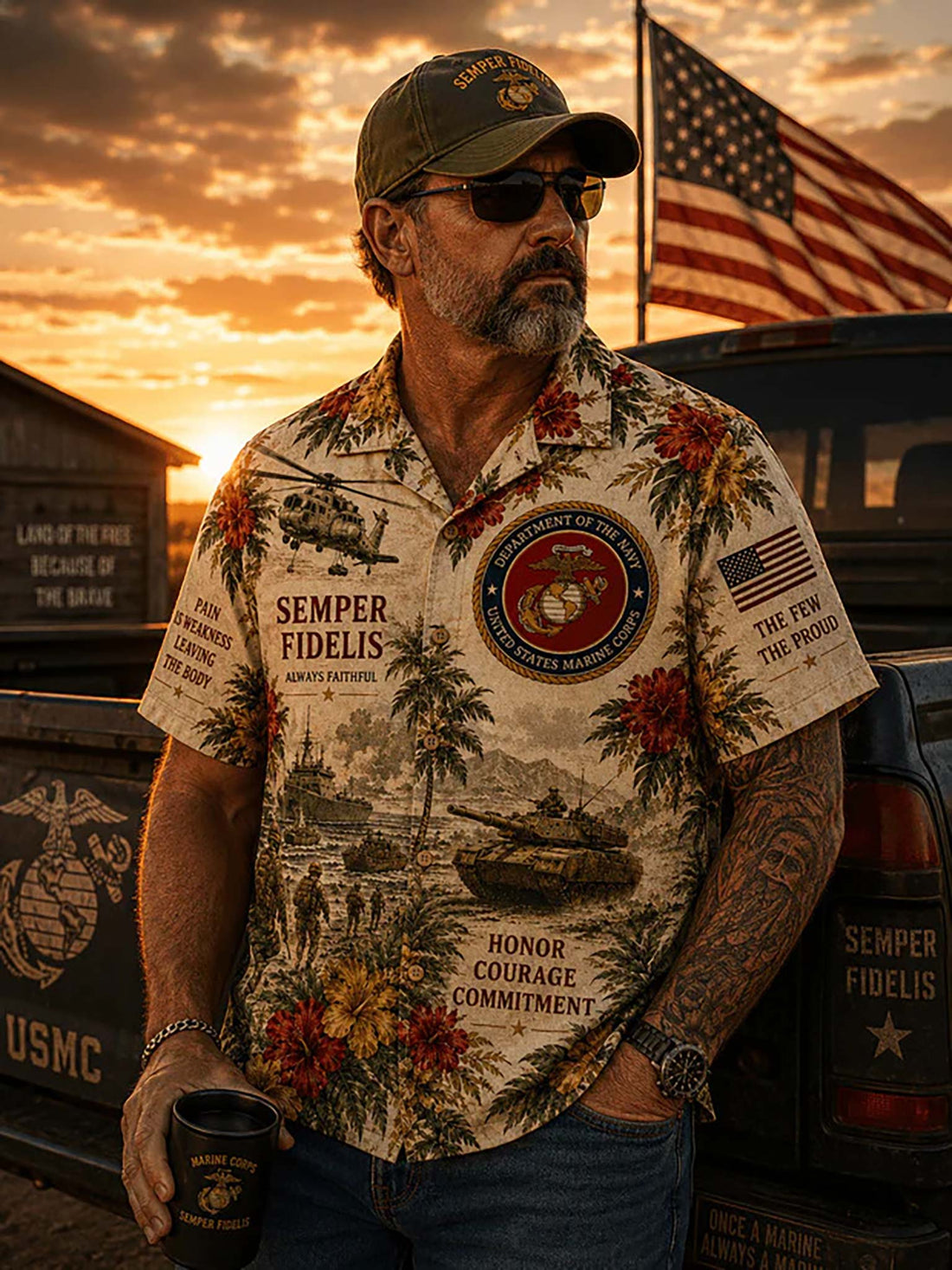 A short-sleeve button-up camp shirt laid flat on a dark wood surface, printed with tropical flowers, military scenes, and U.S.