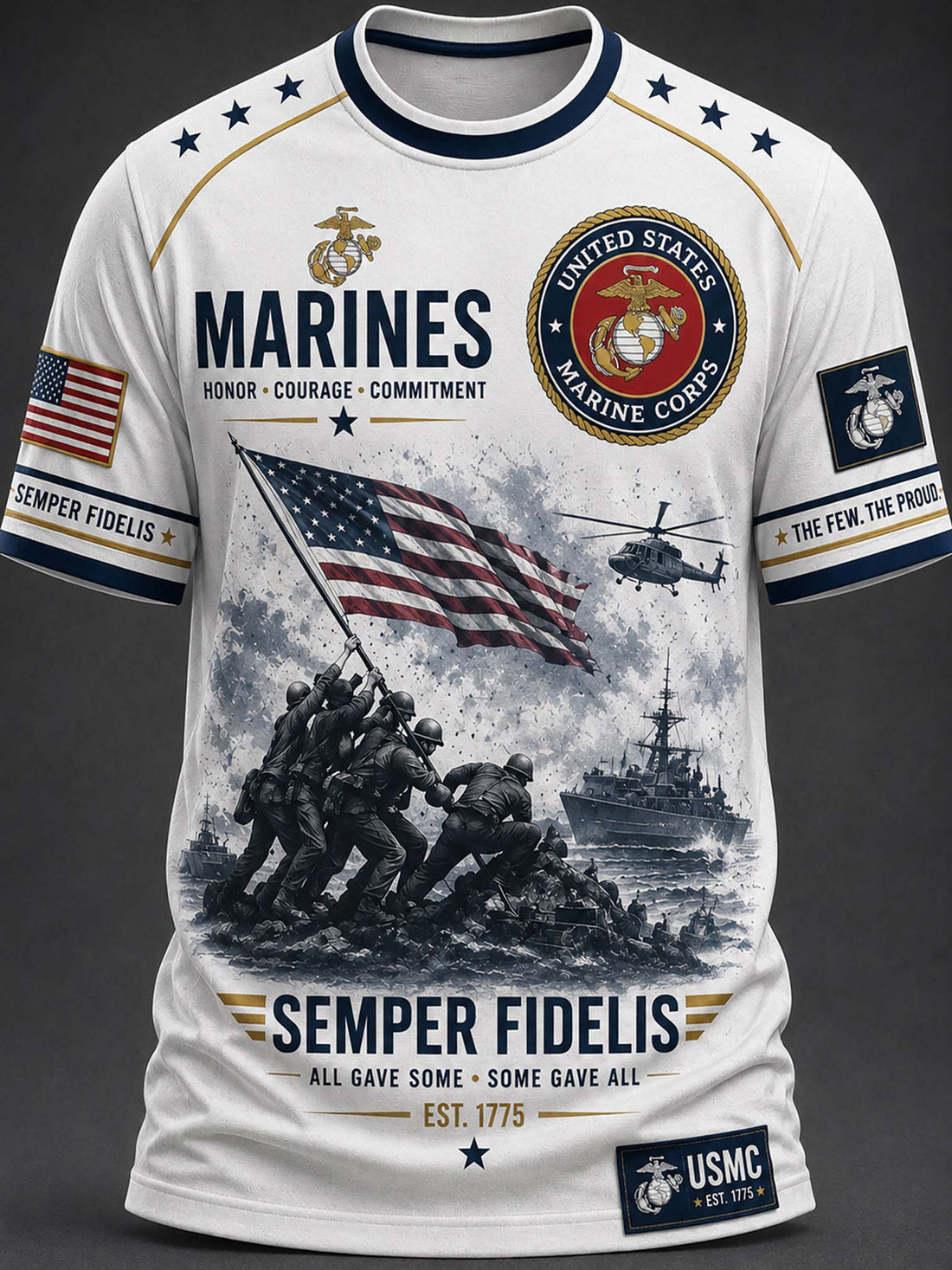A white short-sleeve t-shirt with a detailed United States Marines graphic print. The design features the USMC emblem, the word 'MARINES', the Marine Corps seal, an American flag, a helicopter, soldiers raising the flag on Iwo Jima, a ship, and the motto 'SEMPER FIDELIS'.