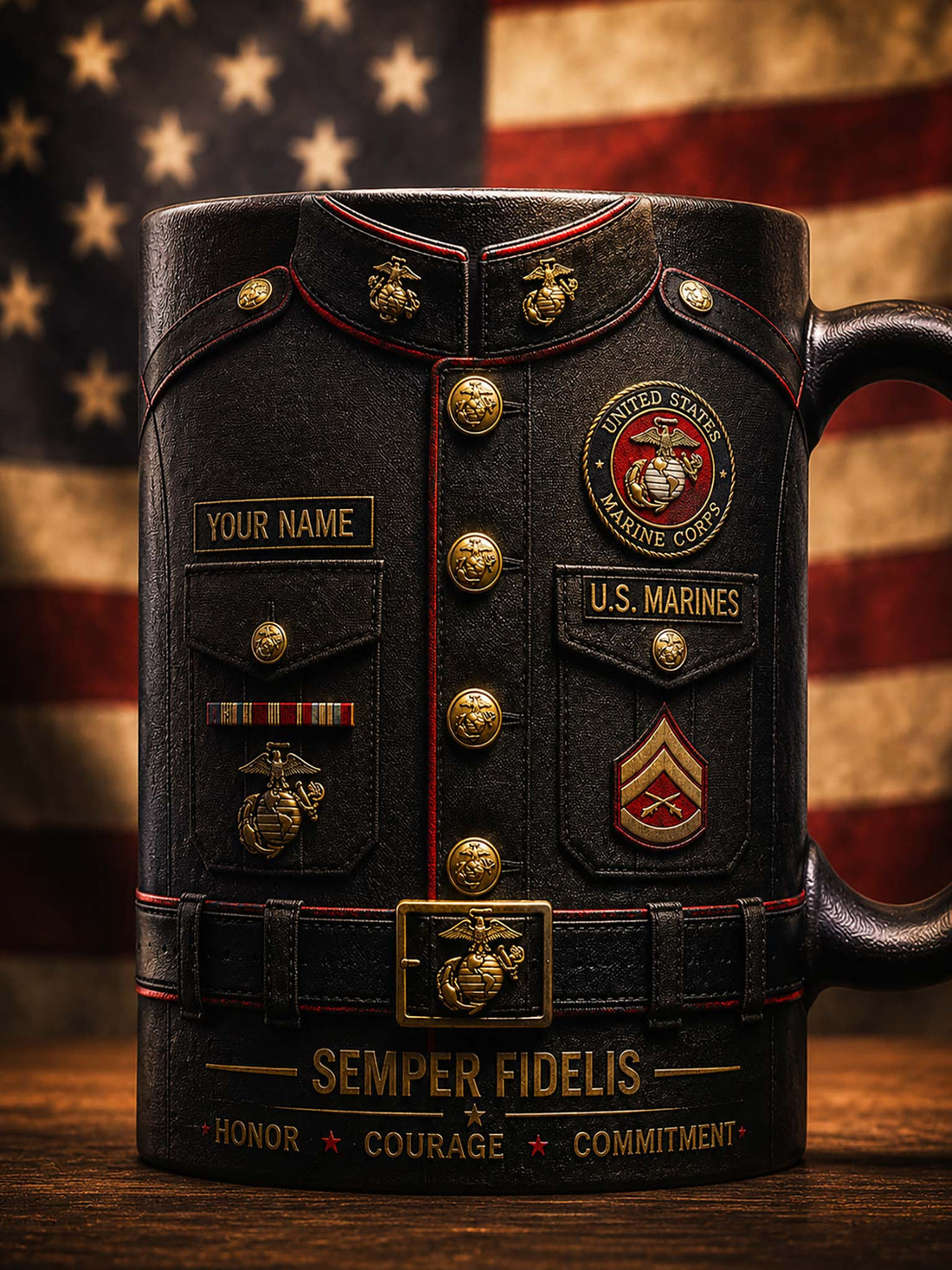 A black ceramic mug designed to look like a U.S.