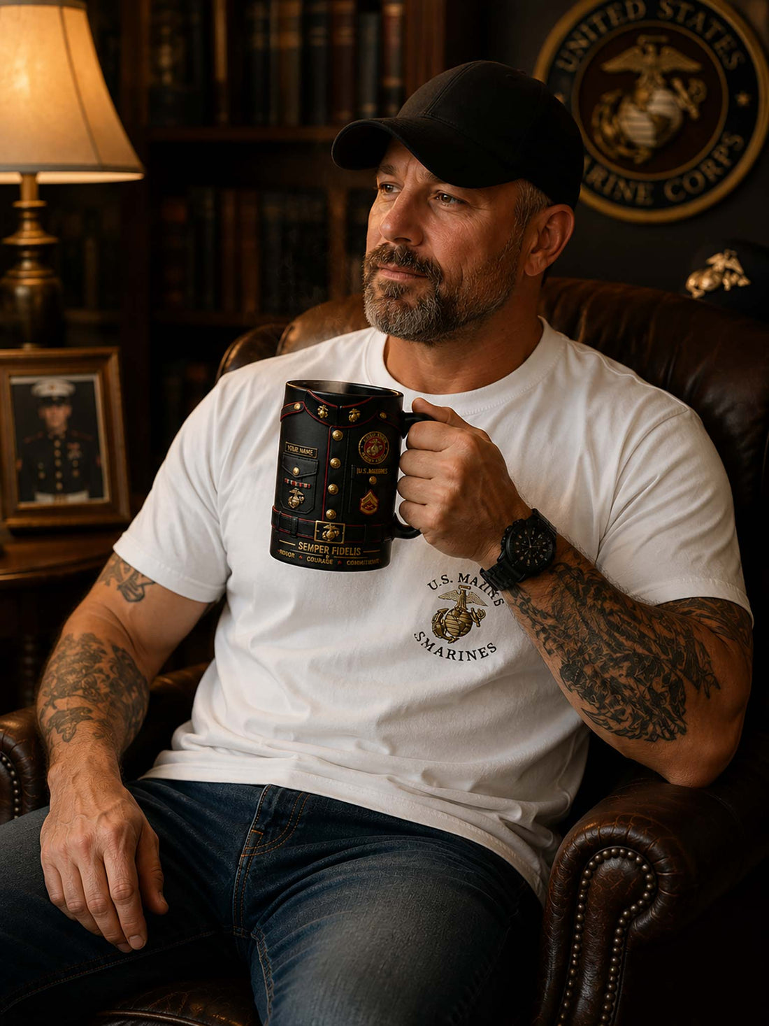 A black ceramic mug designed to look like a U.S.