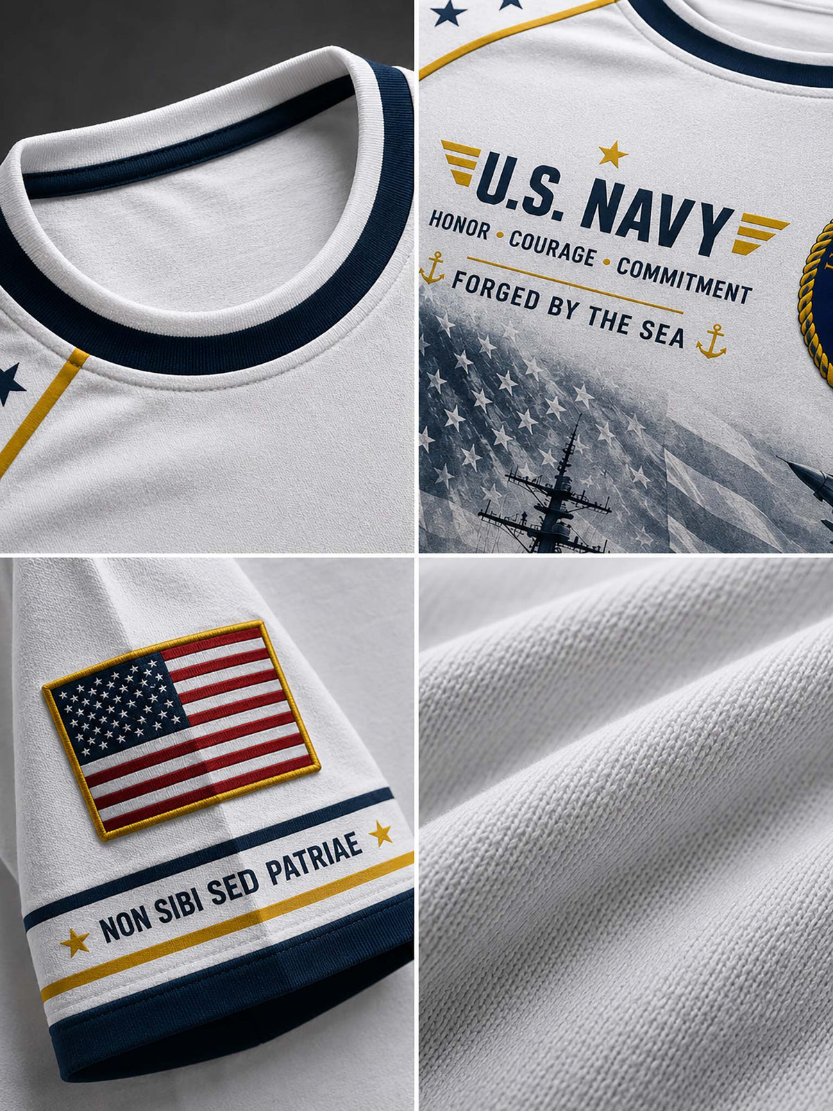 A four-panel close-up collage of a white U.S.