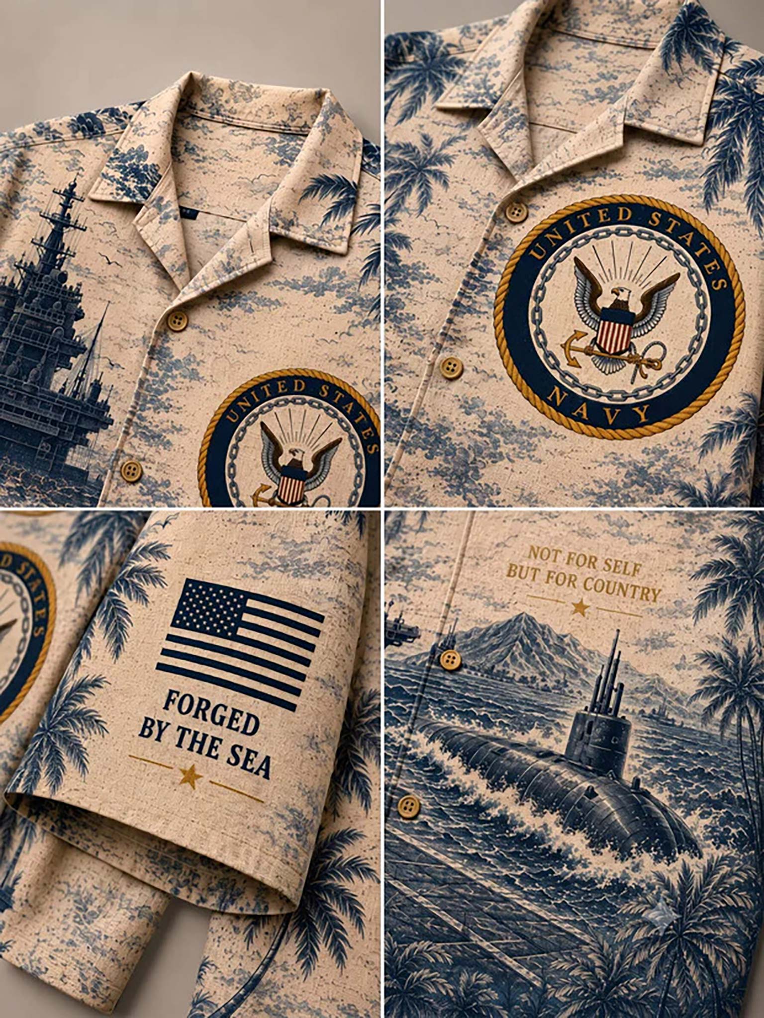 A four-panel close-up collage of a military-themed button-up shirt. The shirt has a beige and navy blue toile-style print featuring a ship, submarine, palm trees, an American flag, and United States Navy emblems.