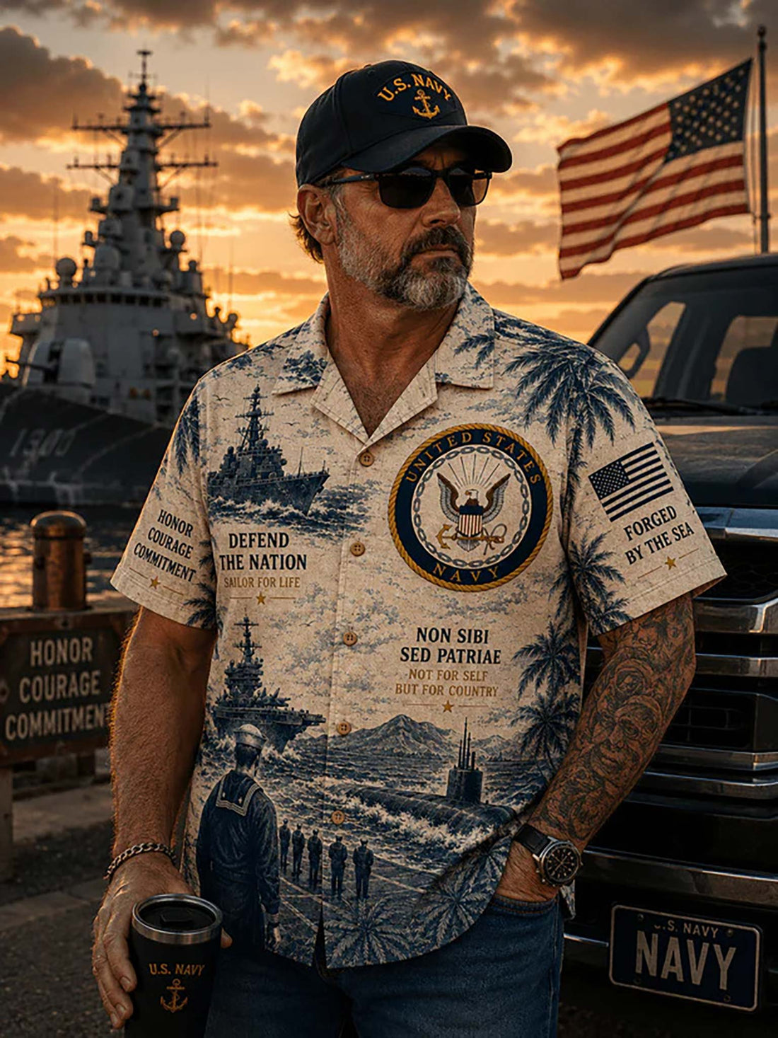 A short-sleeve button-up camp shirt laid flat on a dark wood surface, featuring a blue-and-cream nautical military print with ships, palm trees, and patriotic text. Surrounding props include a navy cap, a U.