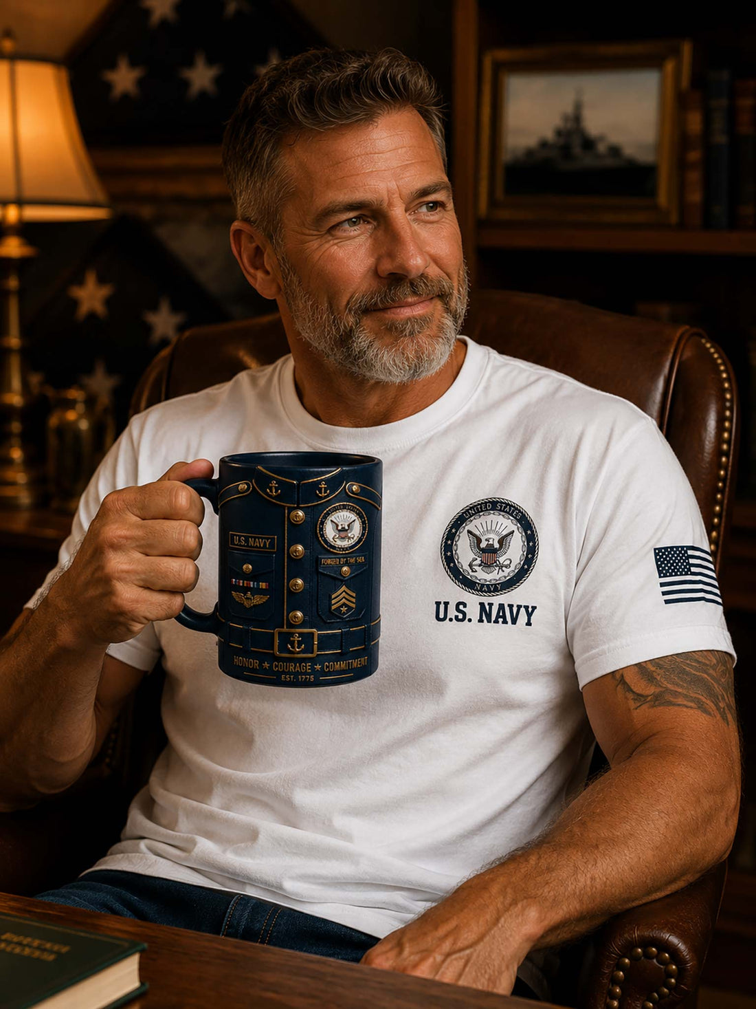 A navy blue ceramic mug designed to look like a U.S.