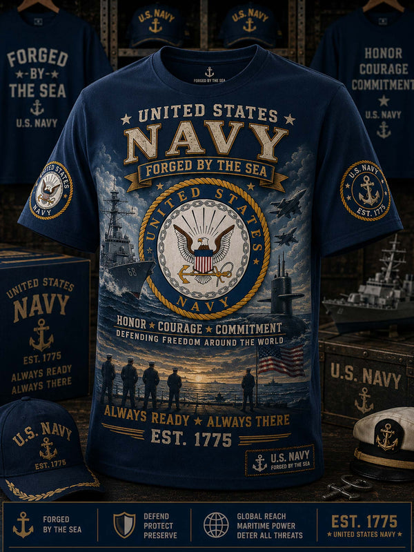 United States Navy-themed t-shirt with emblem and text on a dark background
