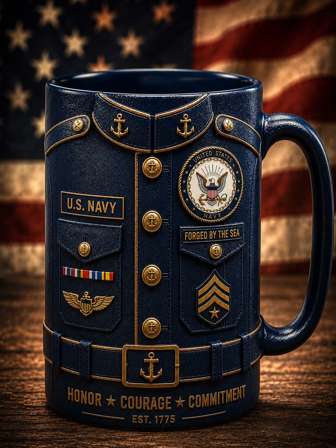 A navy blue ceramic mug designed to look like a U.S.