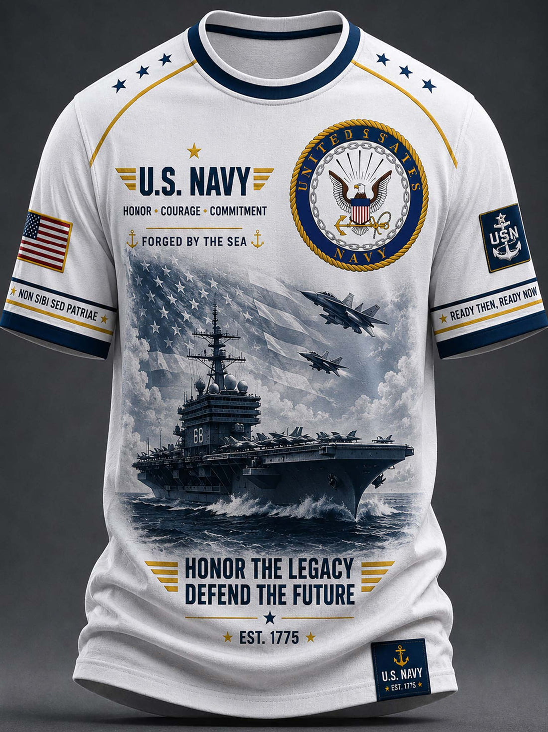 A white short-sleeve t-shirt with a detailed graphic print celebrating Navy. The design features a black-and-white illustration of soldiers and a helicopter, alongside patriotic red, white, and blue ribbons, stars.
