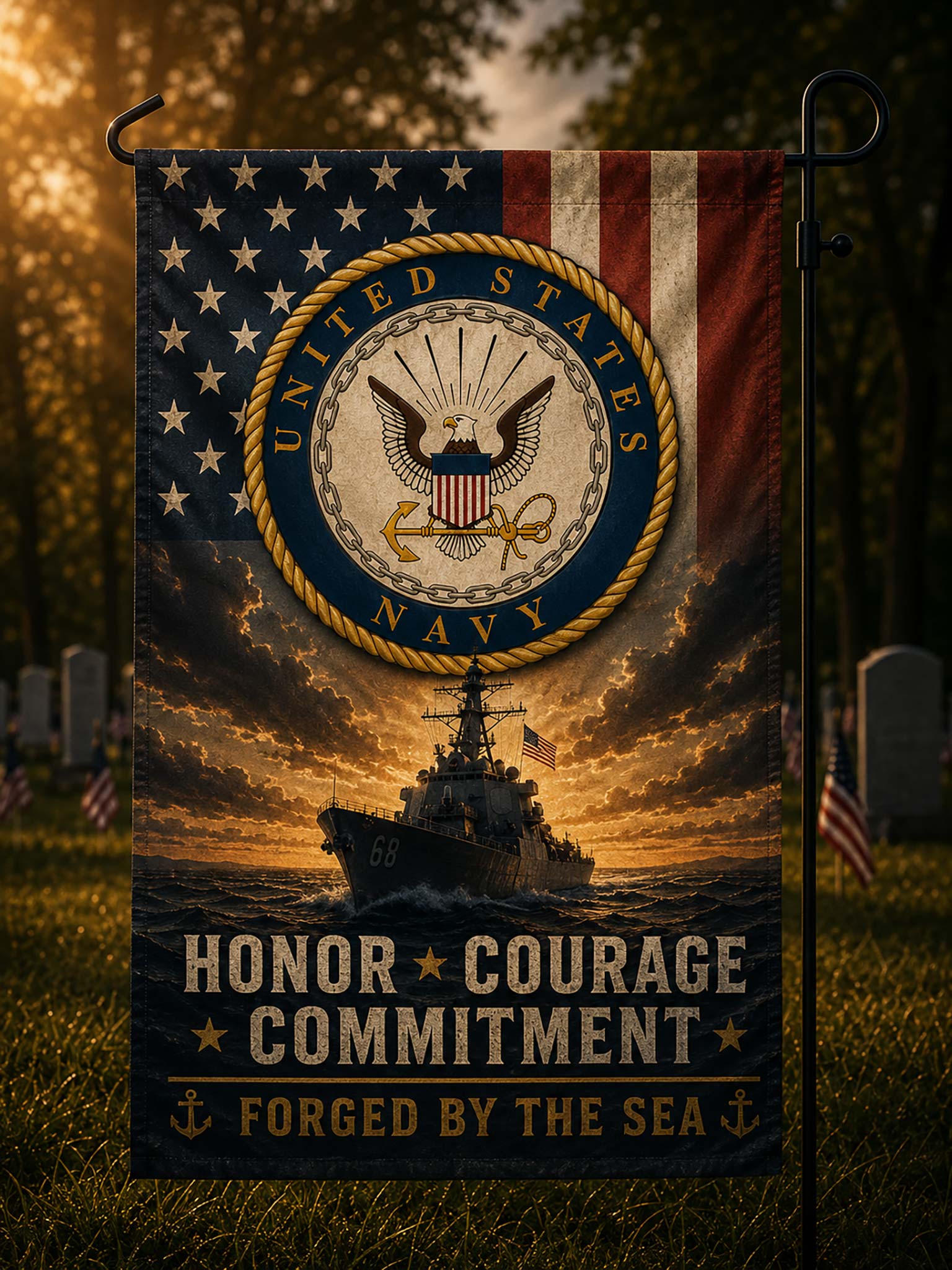 A vertical garden flag displayed on a black metal stand in a grassy outdoor setting. The flag features a distressed United States Navy emblem over an American flag, with a navy warship sailing under a dramatic sunset sky.
