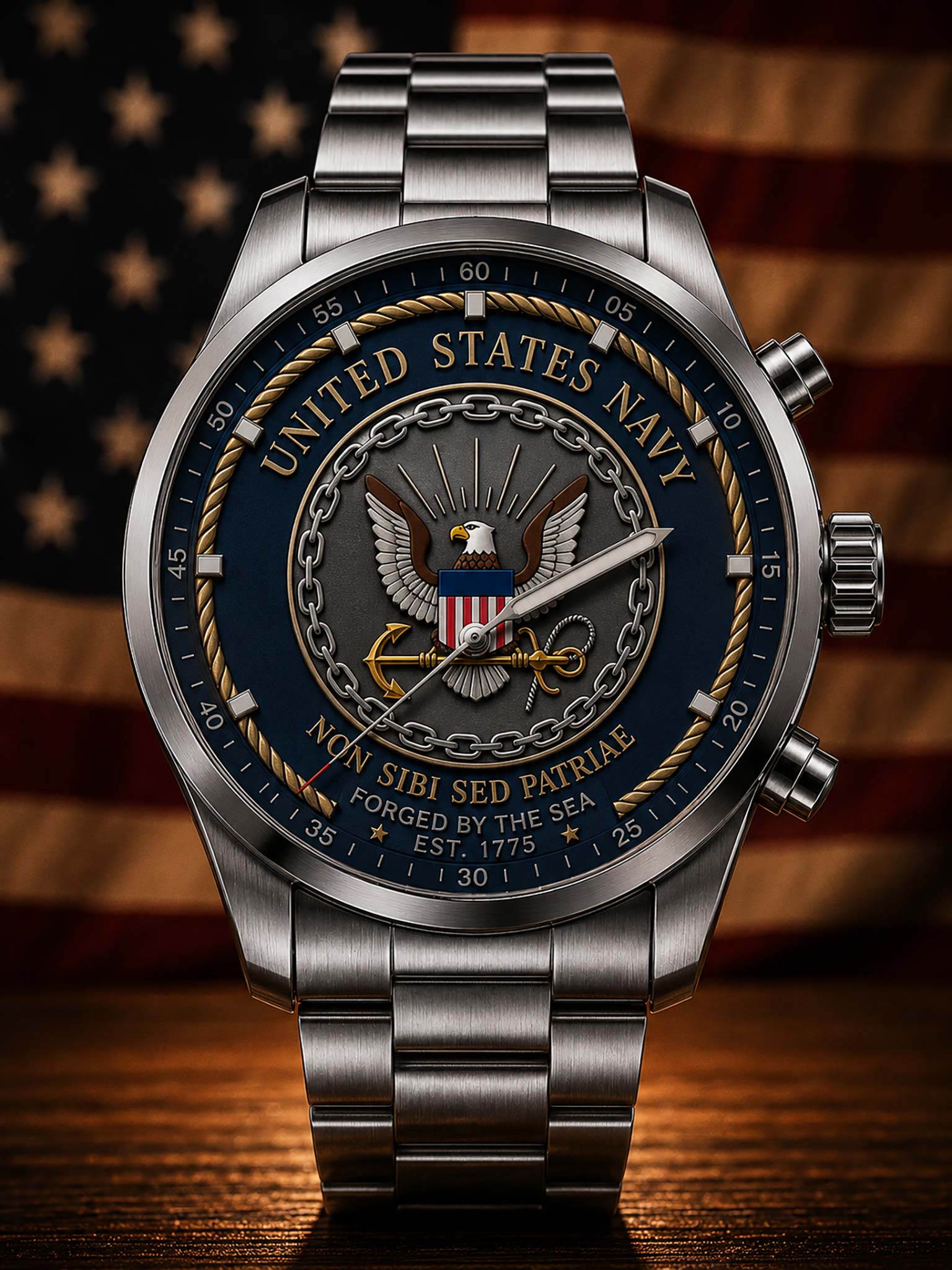 A stainless steel wristwatch with a dark blue United States Navy themed dial, featuring an eagle emblem and gold lettering, set against a blurred American flag background.