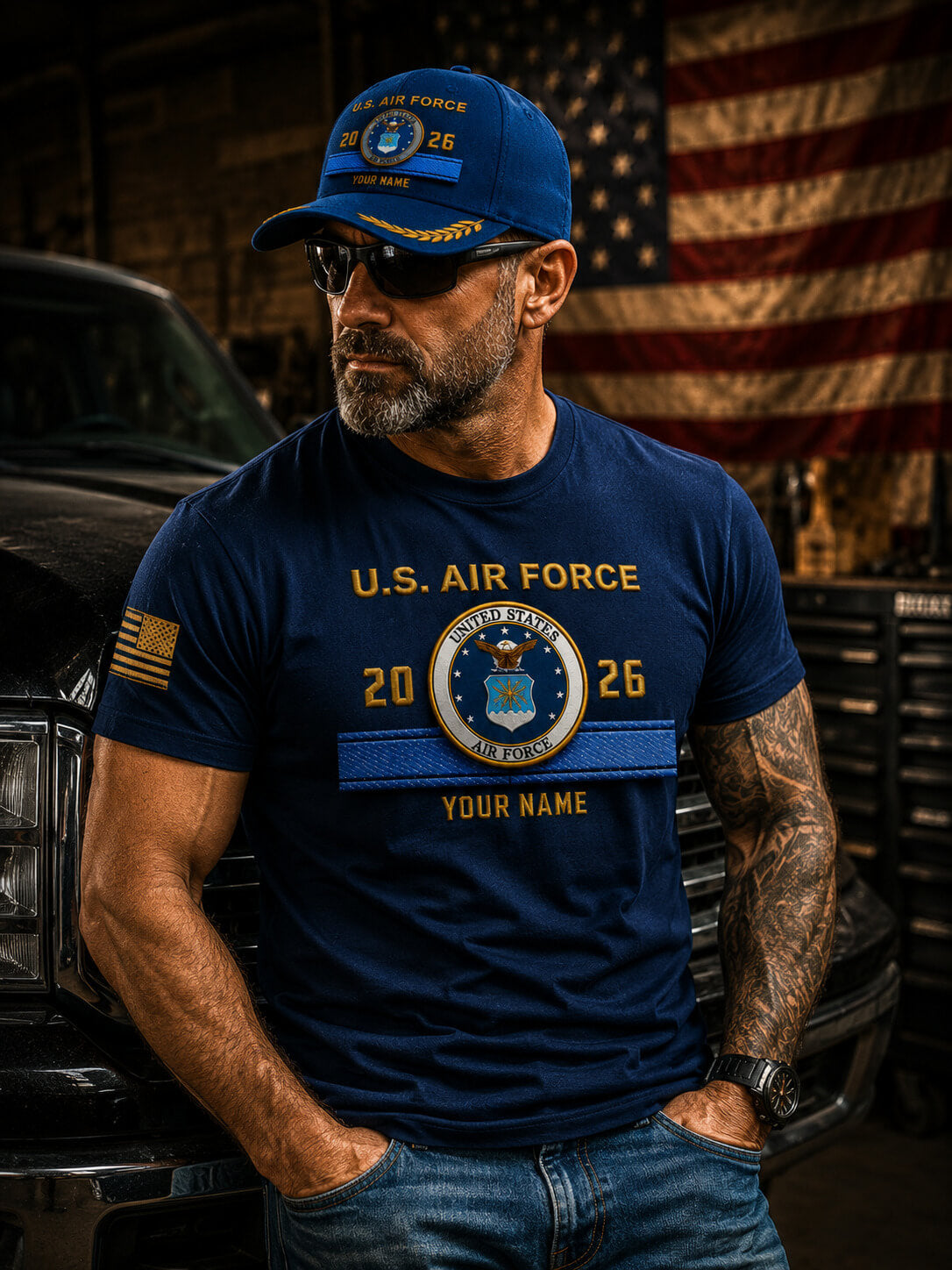 A royal blue baseball cap with gold and white embroidered details, featuring 'U.S.
