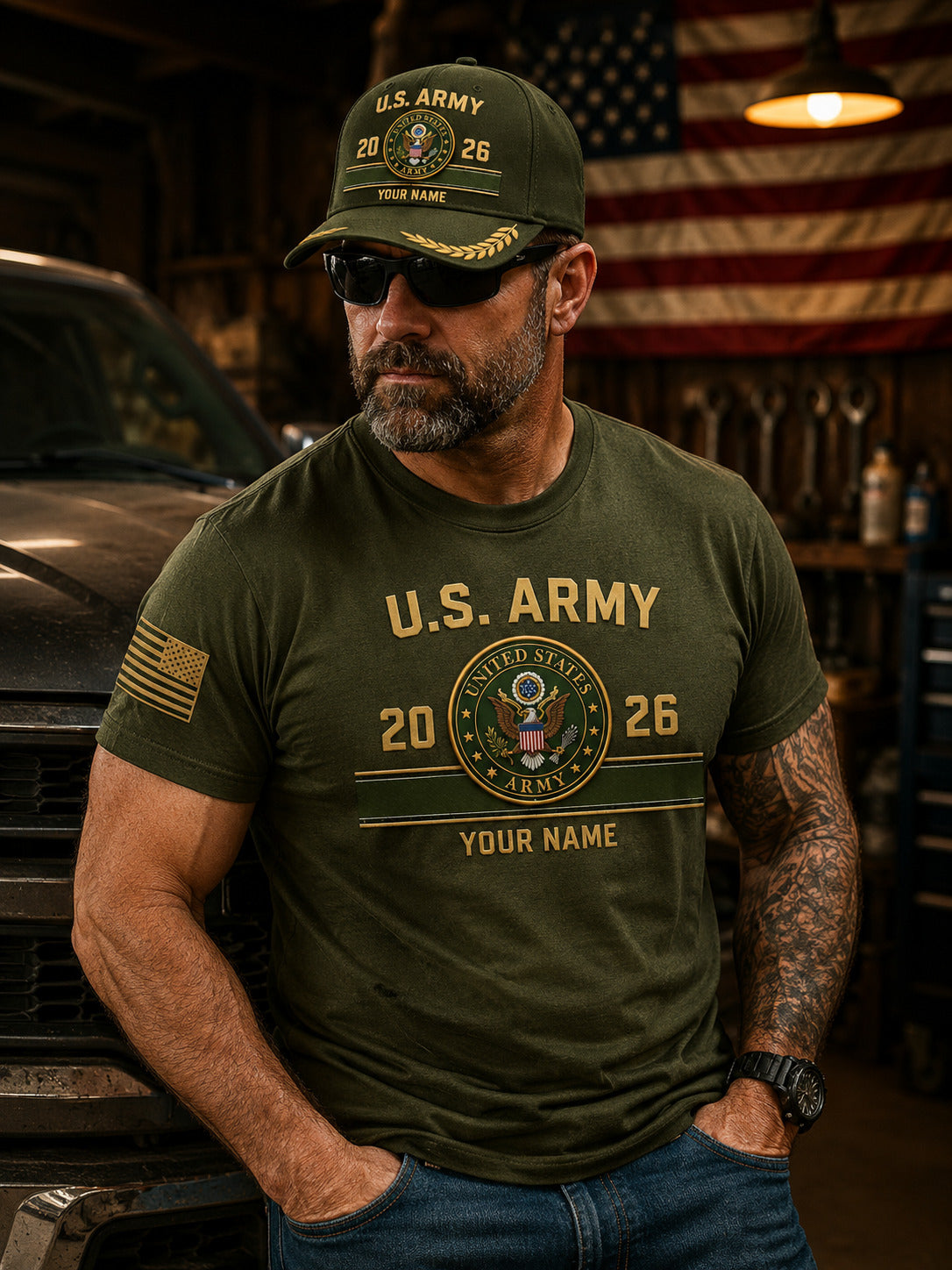A man wearing an olive green U.S.